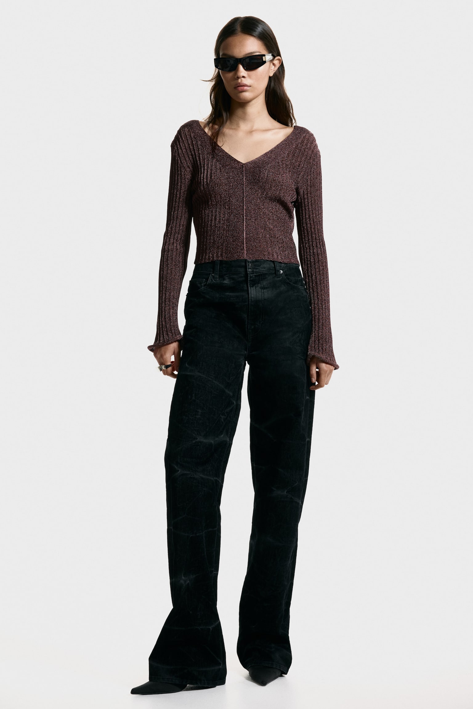 Třpytivý top z žebrovaného úpletu - Tmavě hnědá - 3