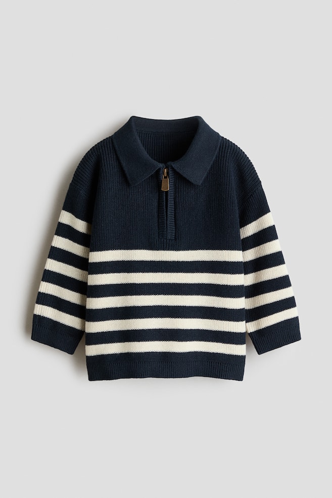 Cotton-Knit Polo Sweater - Navy blue/white striped - 1