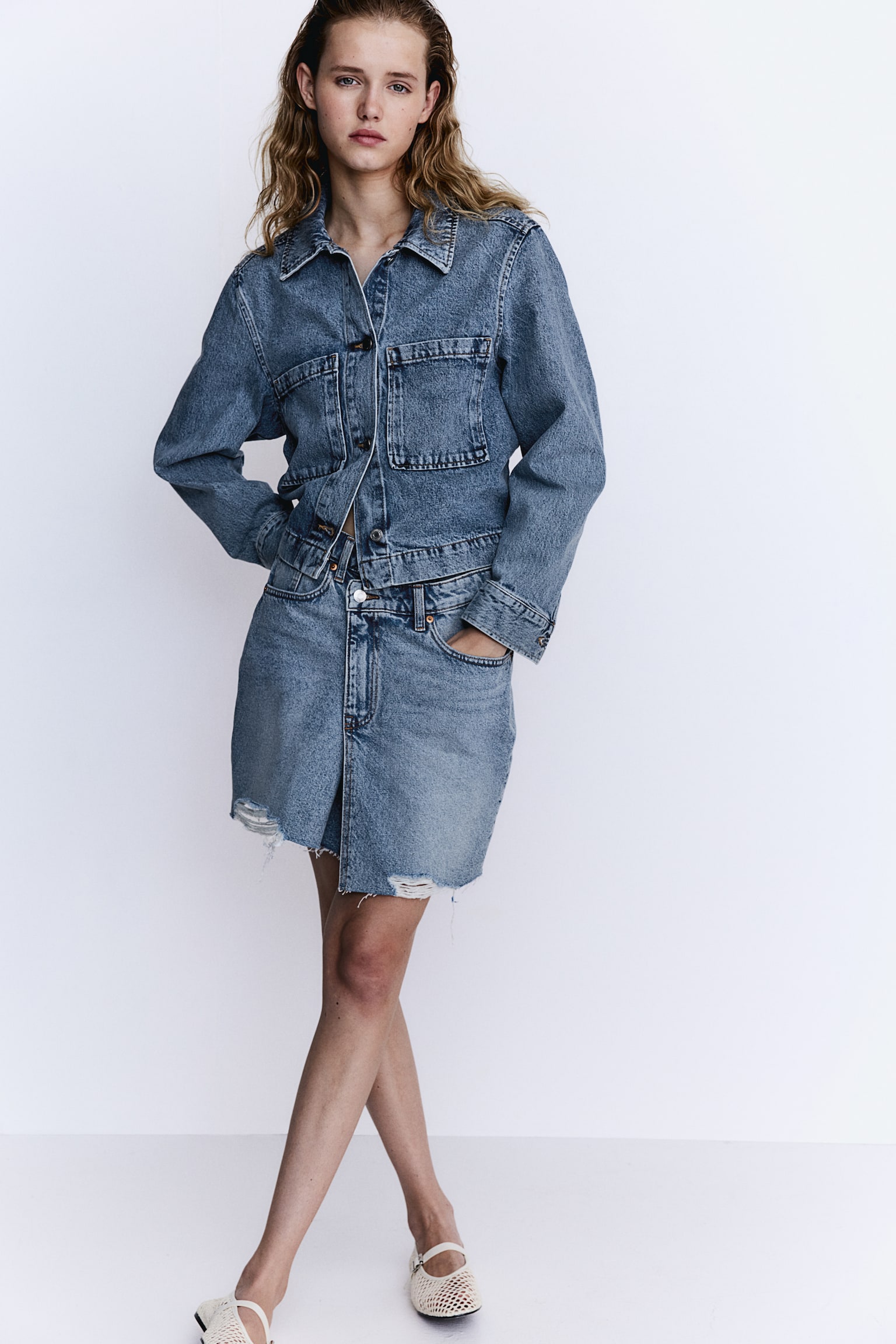 Wrapover-waist denim skirt - Light denim blue/Black/Light denim blue - 5