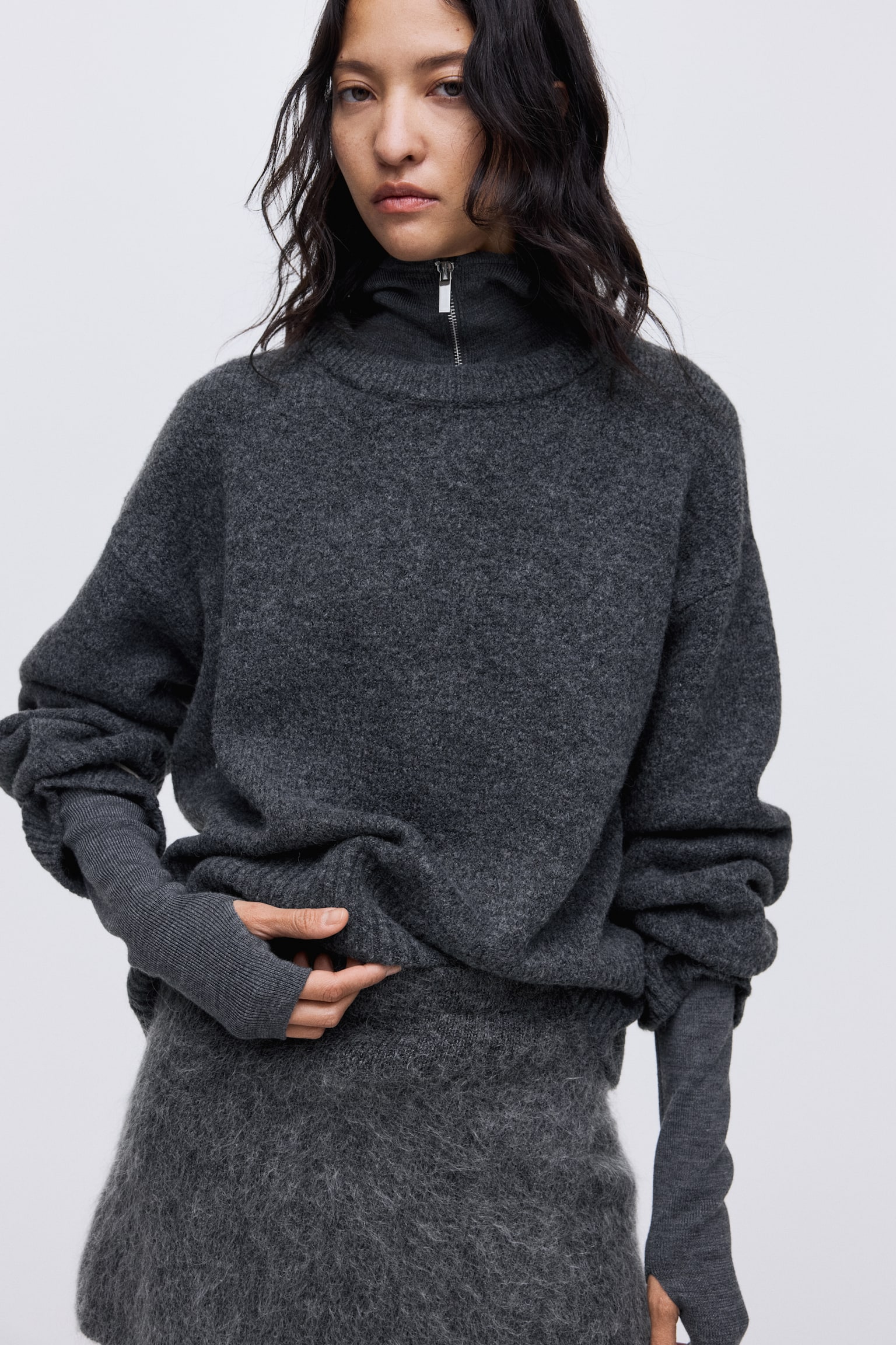 Suéter oversized - Gris jaspeado oscuro/Rojo/Café oscuro/Crema - 7