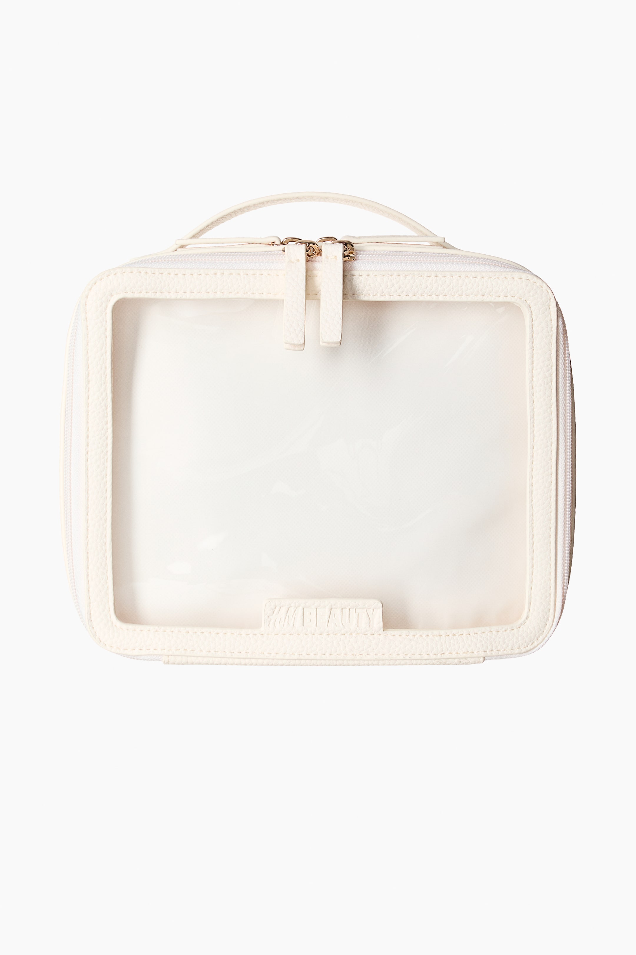 Ampliar la imagen: Una bolsa de lavado de color claro y textura presenta su FRENTE, con un panel frontal transparente y un asa superior a juego que se extiende desde la parte superior. Un cierre de cremallera bidireccional con dos tiradores dorados recorre tres lados del panel transparente, y una pequeña etiqueta rectangular que muestra "H&M BEAUTY" es visible en su parte inferior.