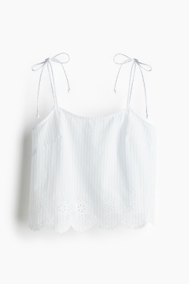 Embroidered tie-strap top - White/Striped - 1