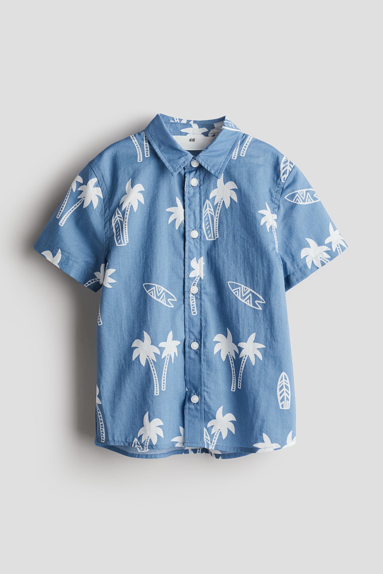 Pattern Cotton Shirt - Blue/Palm trees/Natural white/Sharks - 1