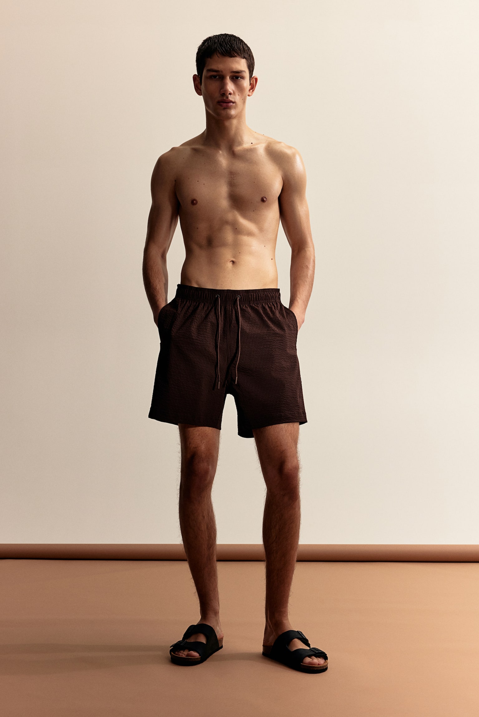 Seersucker swim shorts - Dark brown/Light blue/Black/Dark beige - 1