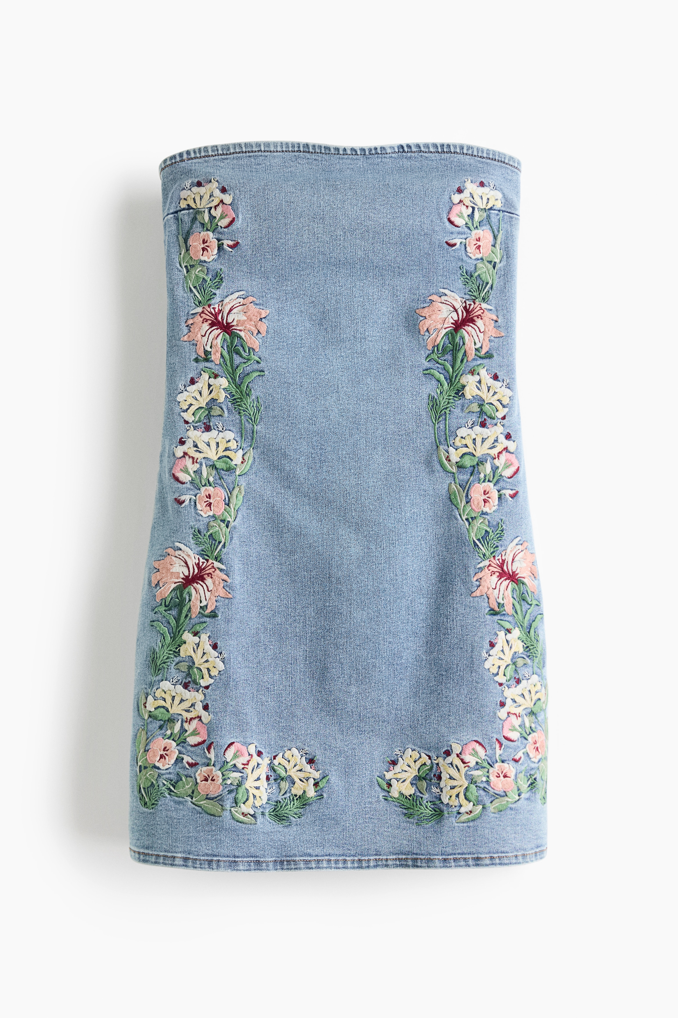 Embroidered denim bandeau dress - Denim blue/Floral