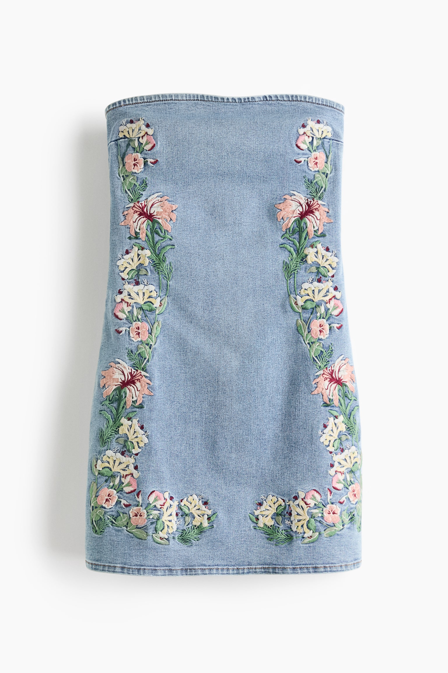 Embroidered denim bandeau dress - Denim blue/Floral - 1