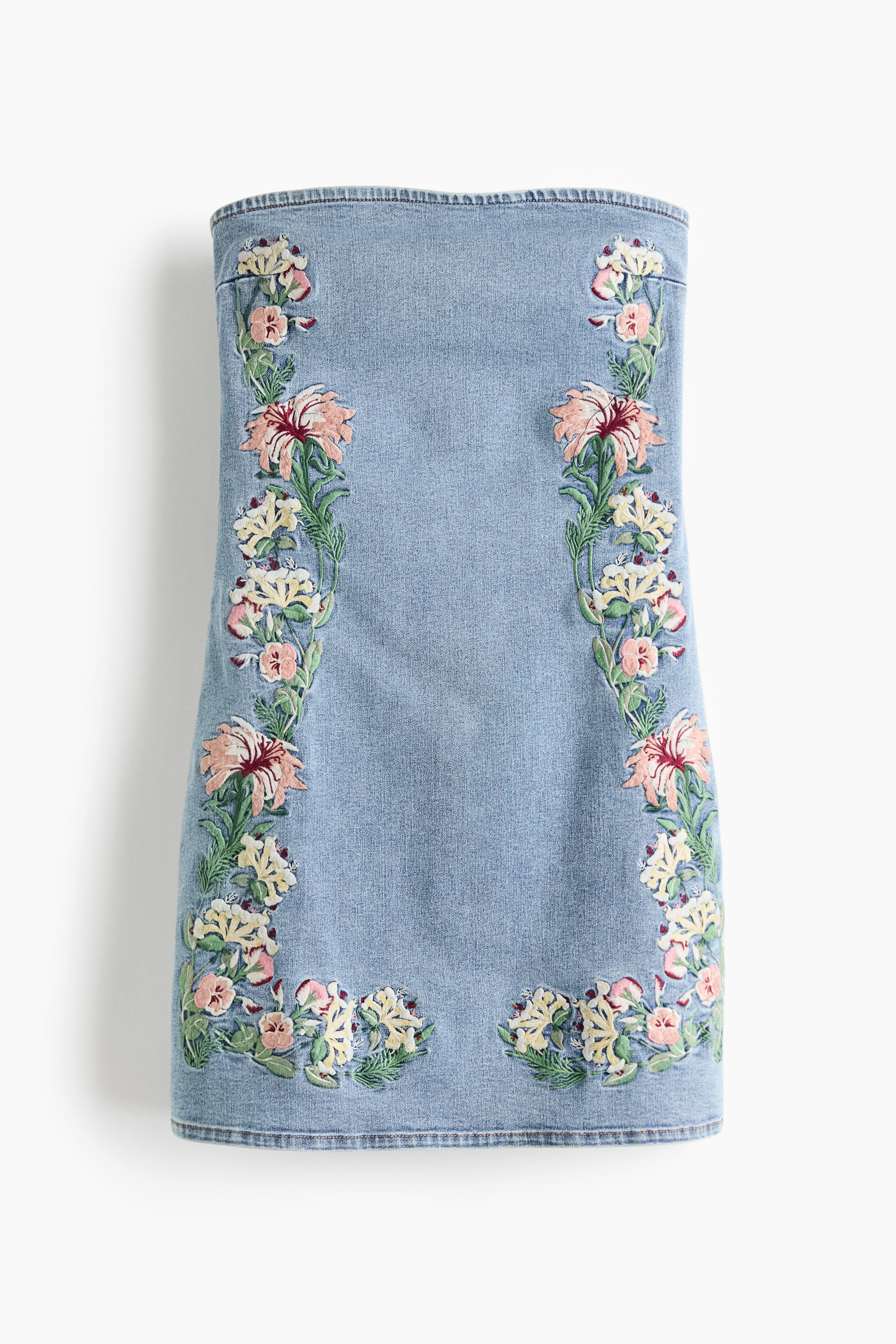 Embroidered Denim Bandeau Dress