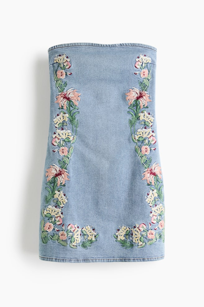 Embroidered Denim Bandeau Dress - Denim blue/floral - 1