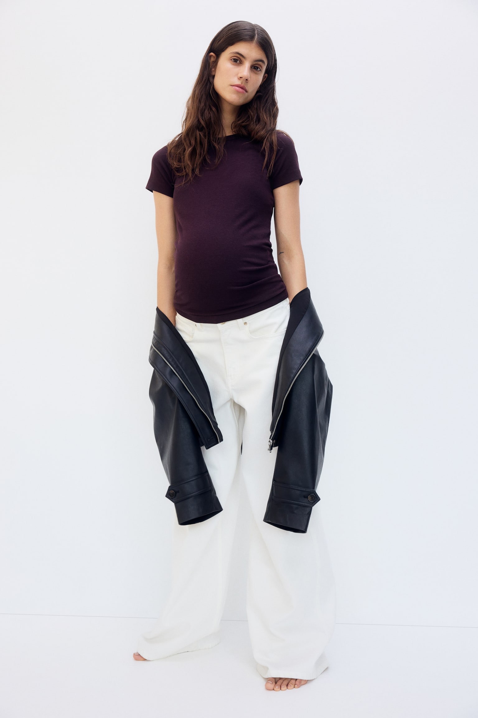 MAMA Ribbed jersey T-shirt - Burgundy/Black/Light dusty beige/Dark brown - 1