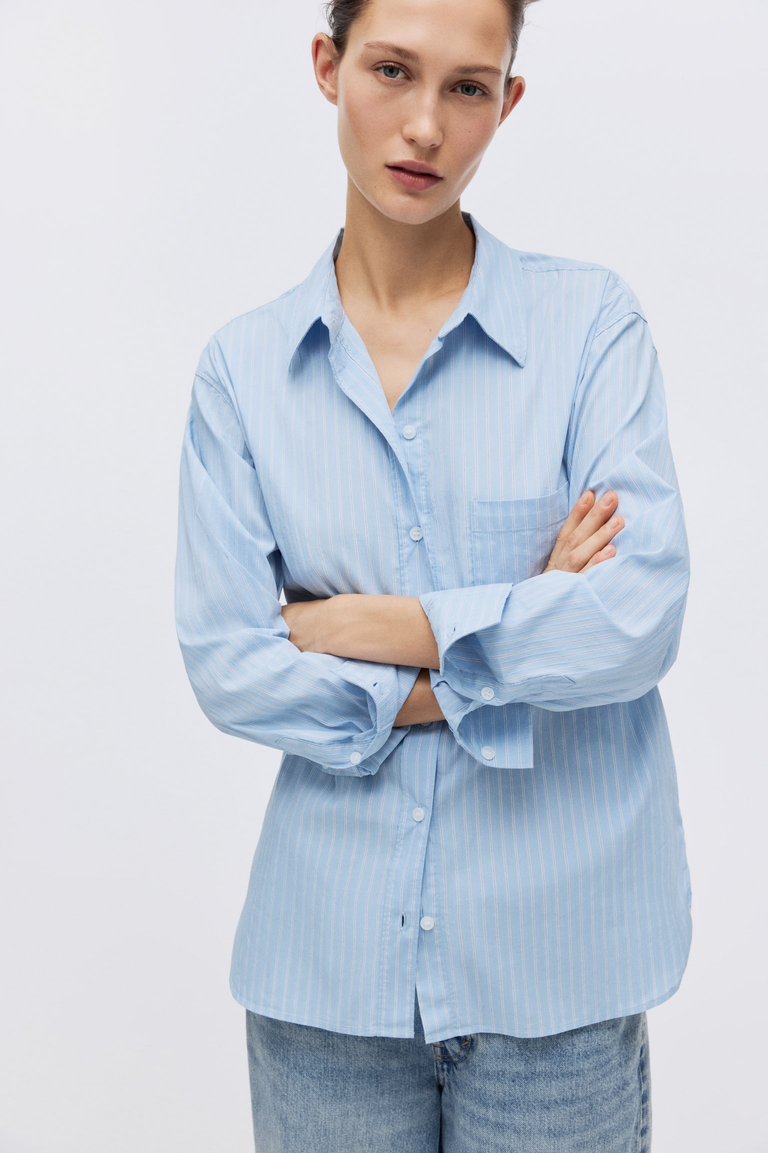 Koszula oversize - Jasnoniebieski/Paski/Biały/Różowy/Paski - 6