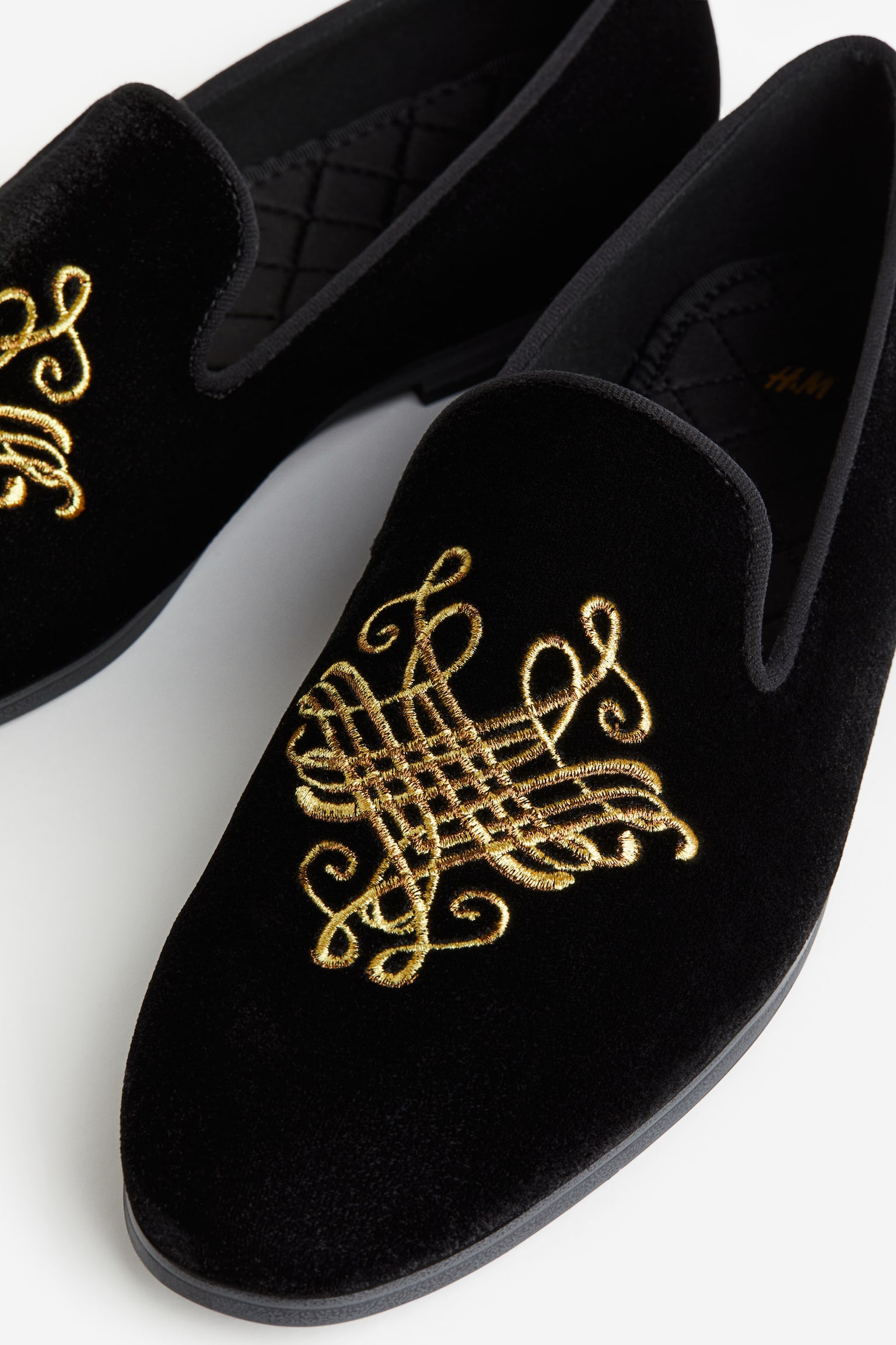 Embroidered Velour Loafers - Black - 3