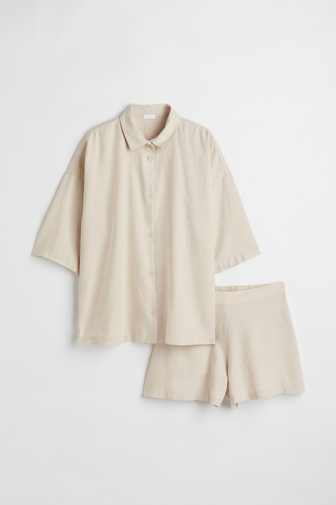 Linen-blend pyjamas - Light beige/Black - 2