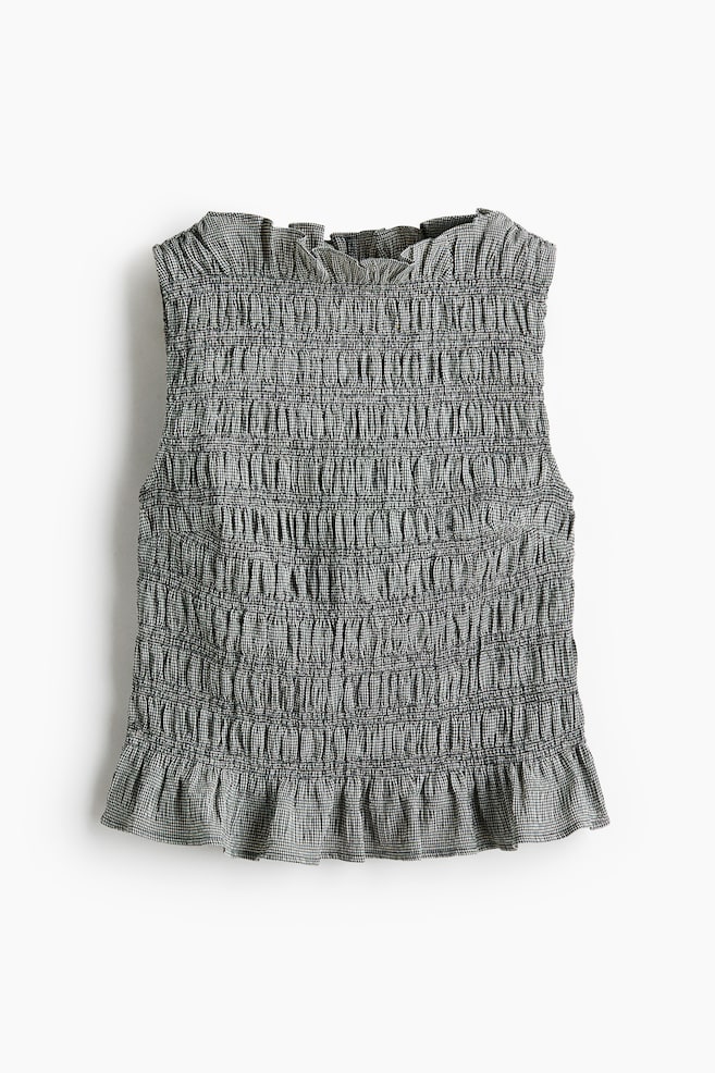 Top em franzido smock com orlas de folho - Preto/Quadrados guingão - 1