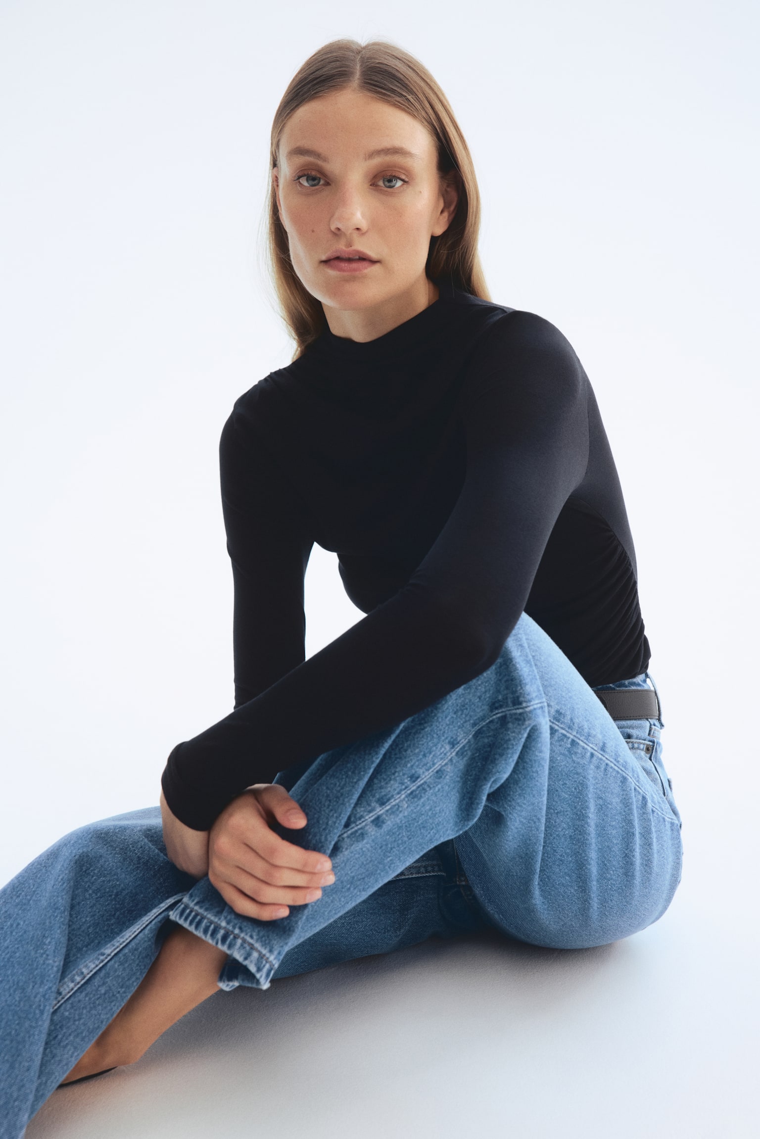 Draped silk-blend top - Black/Truffle grey - 1