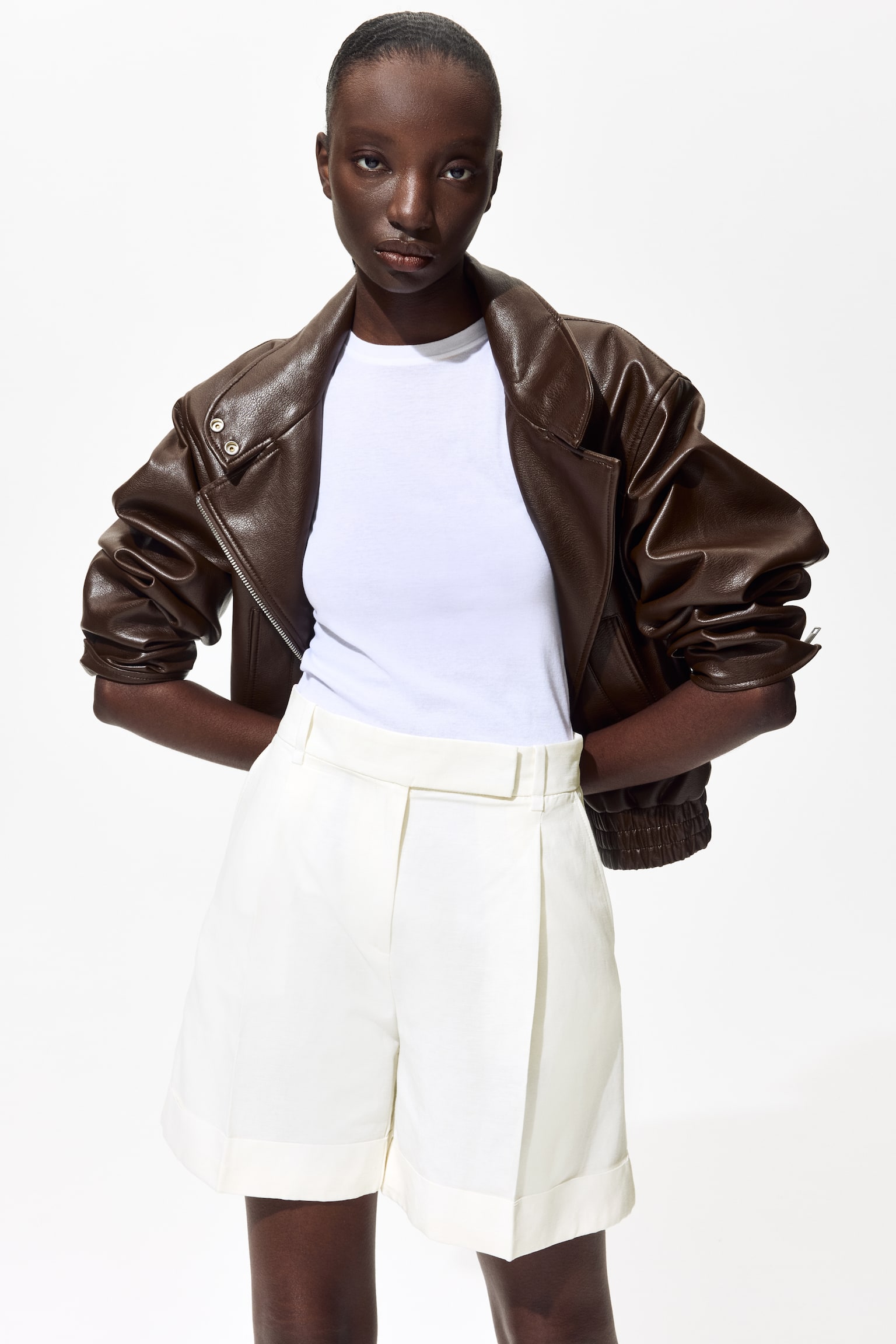 Tailored linen-blend shorts - White/Black/Dark khaki green/Dark plum purple - 6