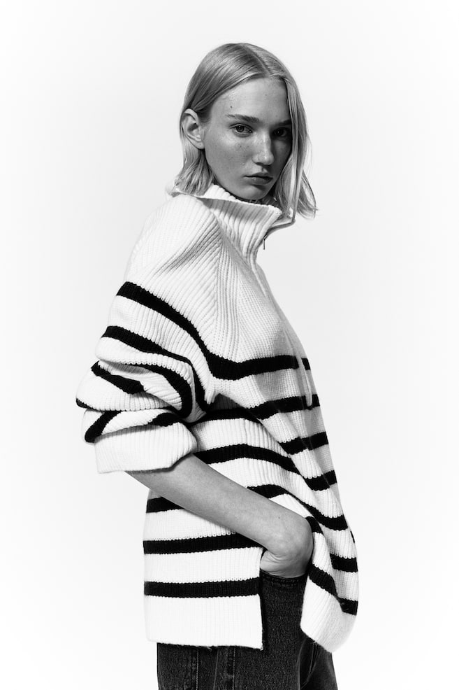 Zip-top rib-knit jumper - Cream/Striped - 7