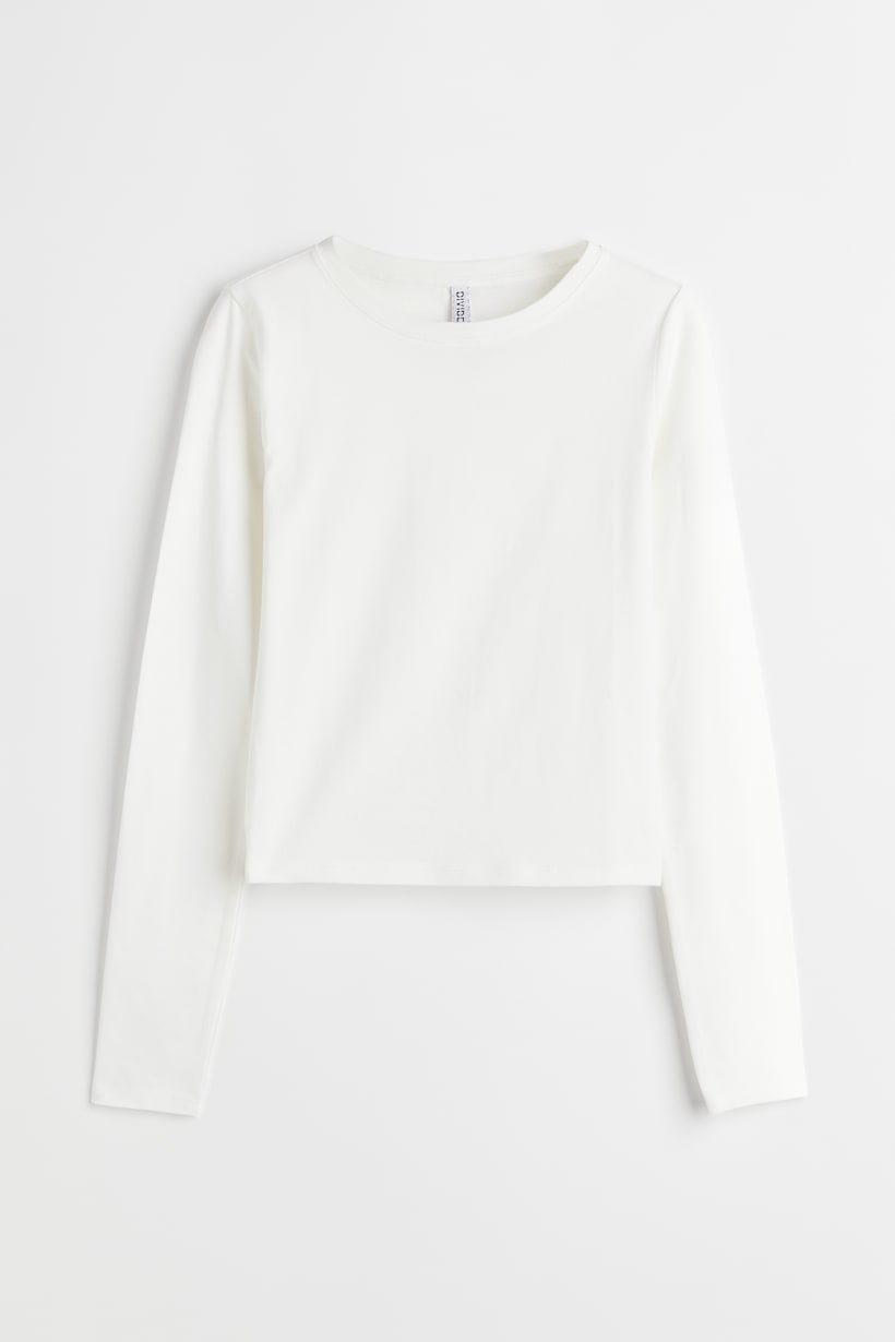 Short Jersey Top - Round Neck - Long sleeve - White - Ladies | H&M US