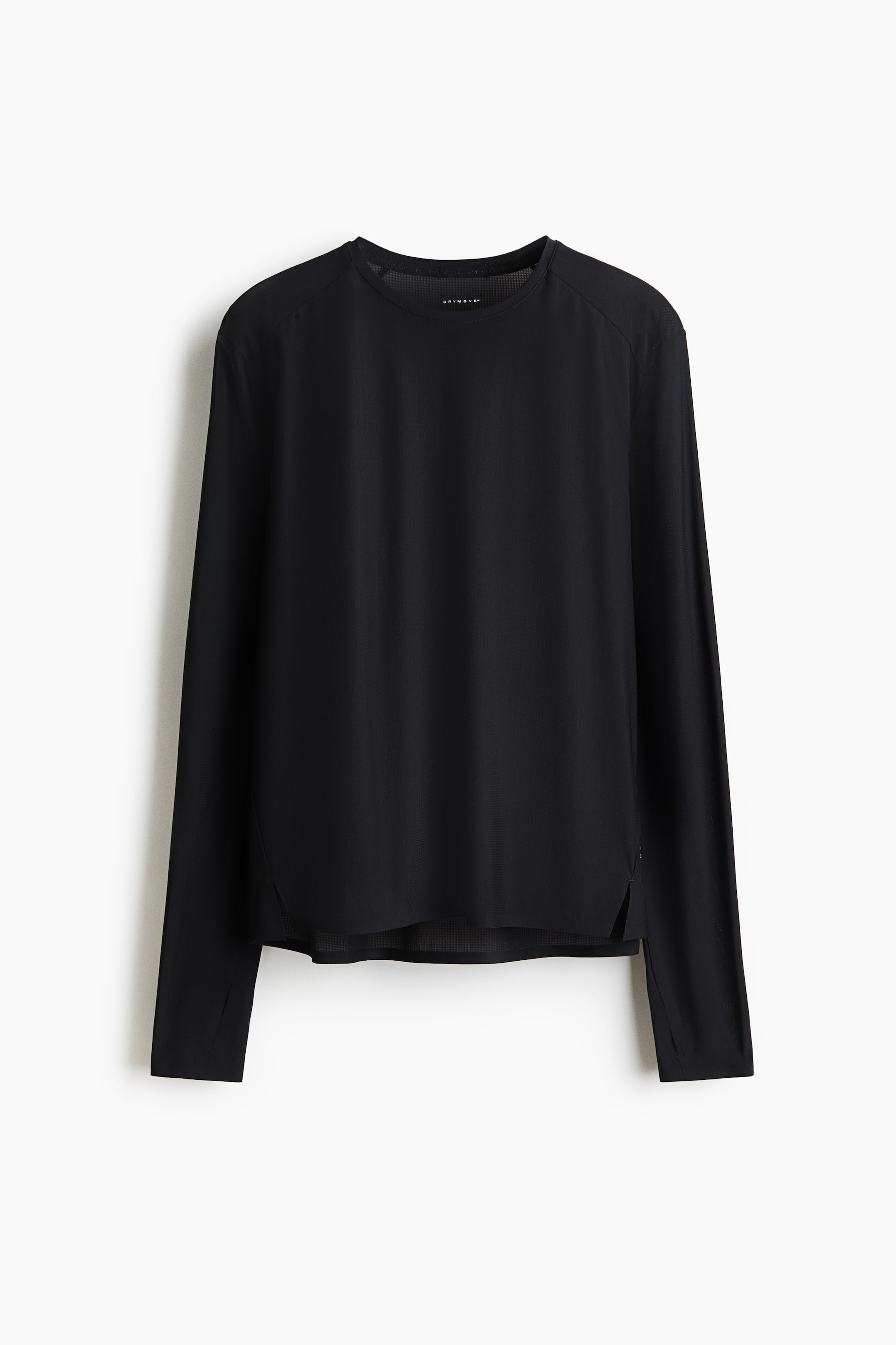 הצגת תמונה גדולה יותר: טופ ספורטיבי שחור עם שרוולים ארוכים מוצג ממבט קדמי, בעל צווארון עגול ושרוולי רגלן. הטופ מציג מרקם ריב אנכי עדין ושולי תחתית מעוגלים עם שסעים בצדדים, החושפים שכבה תחתונה דקיקה בריב עדין.