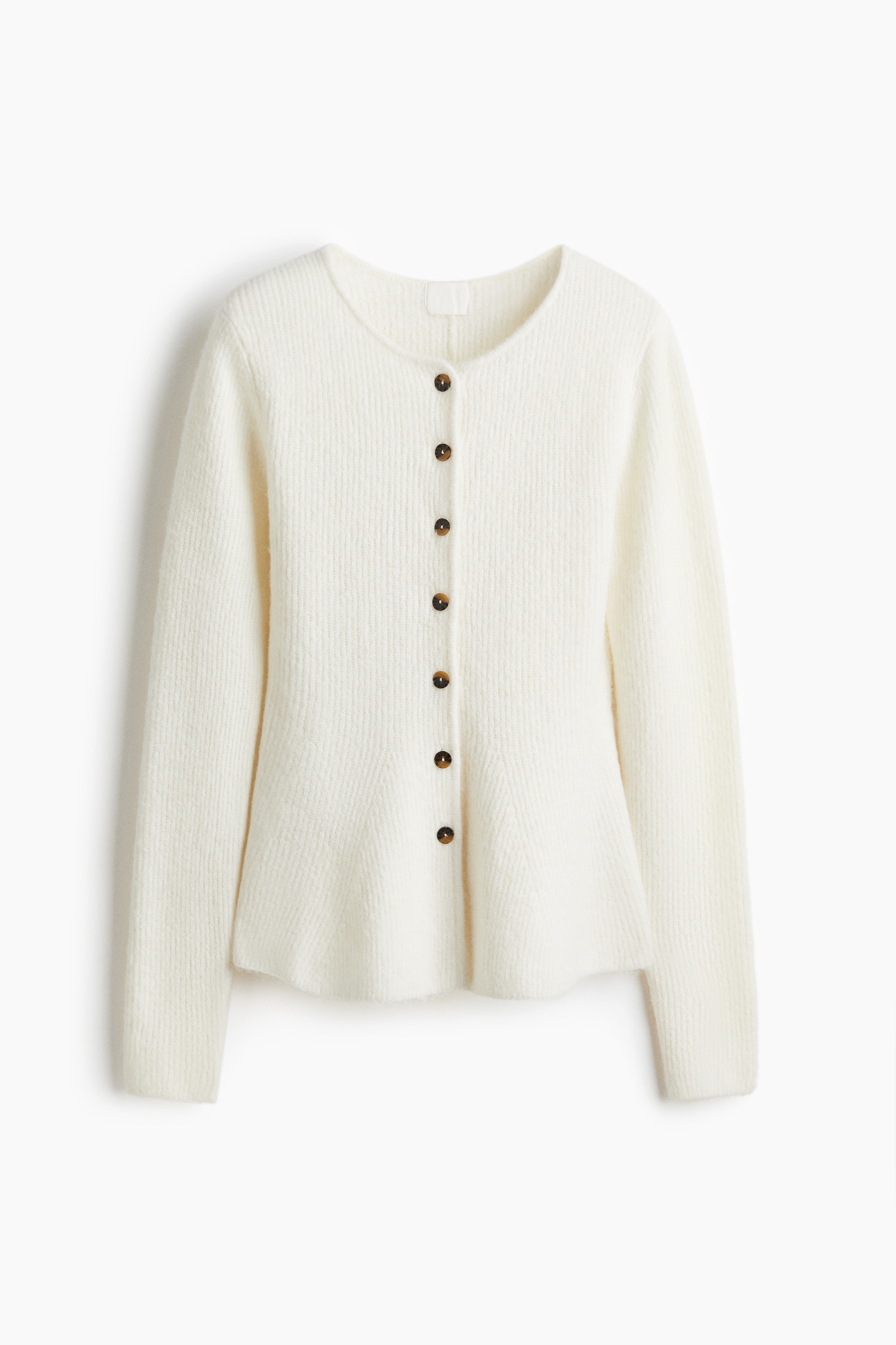 Ribstrikket cardigan med peplum - Creme/Mørkegråmeleret/Beigemeleret
