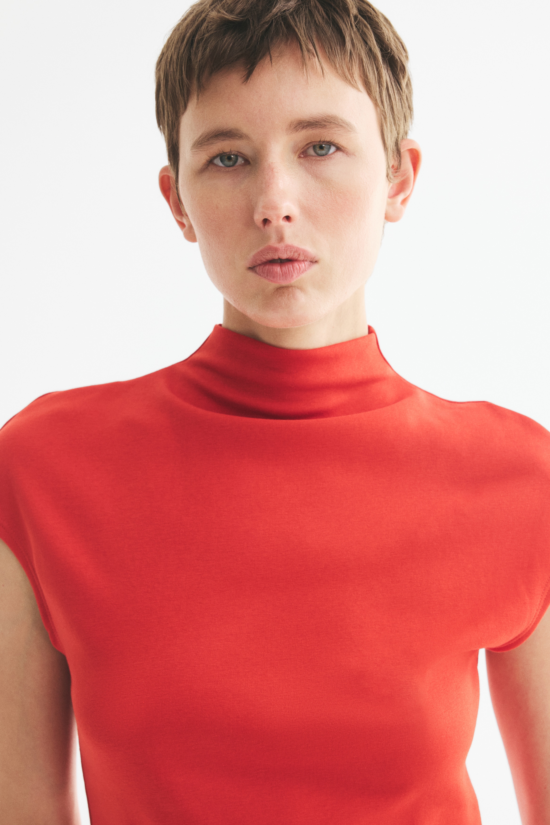 Stand-Up Collar Jersey Top - Red/Cream/Black/Dark purple