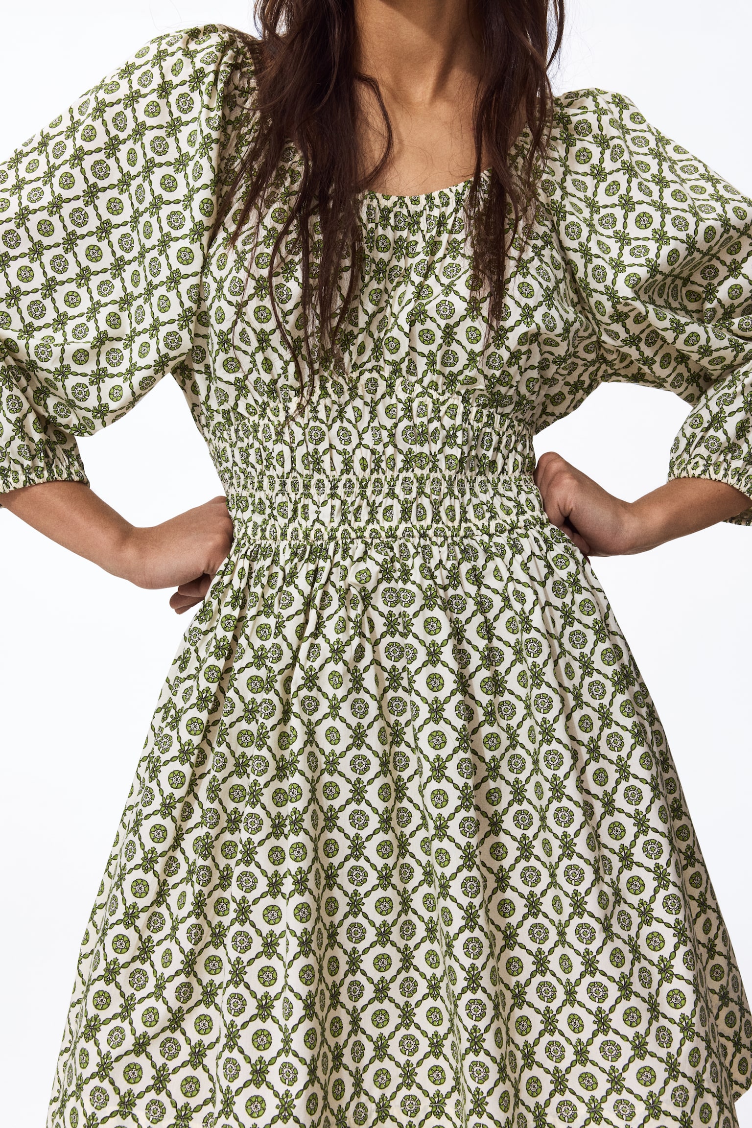 Flared-skirt cotton dress - Green/Patterned/White/Floral/White/Floral - 4