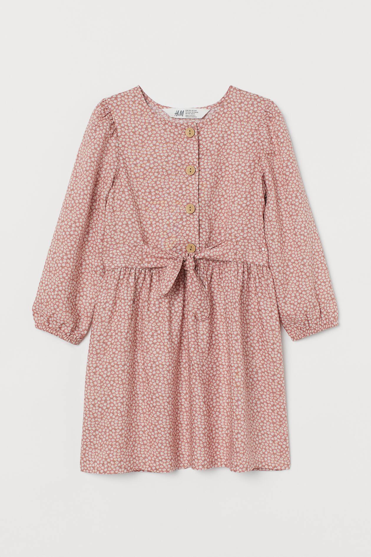 Viscose dress with ties - Round neck - 3/4 sleeve - Old rose/Small ...