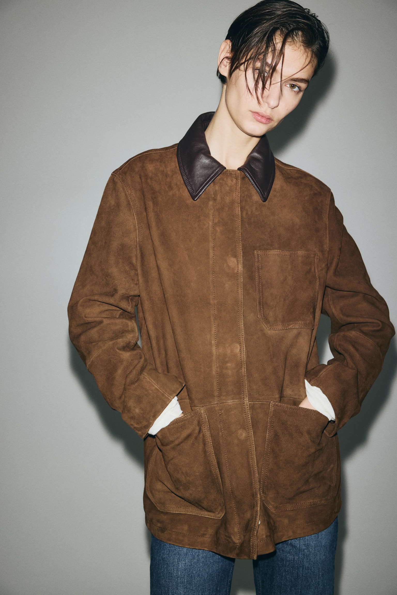 Collared suede jacket - Brown - 1