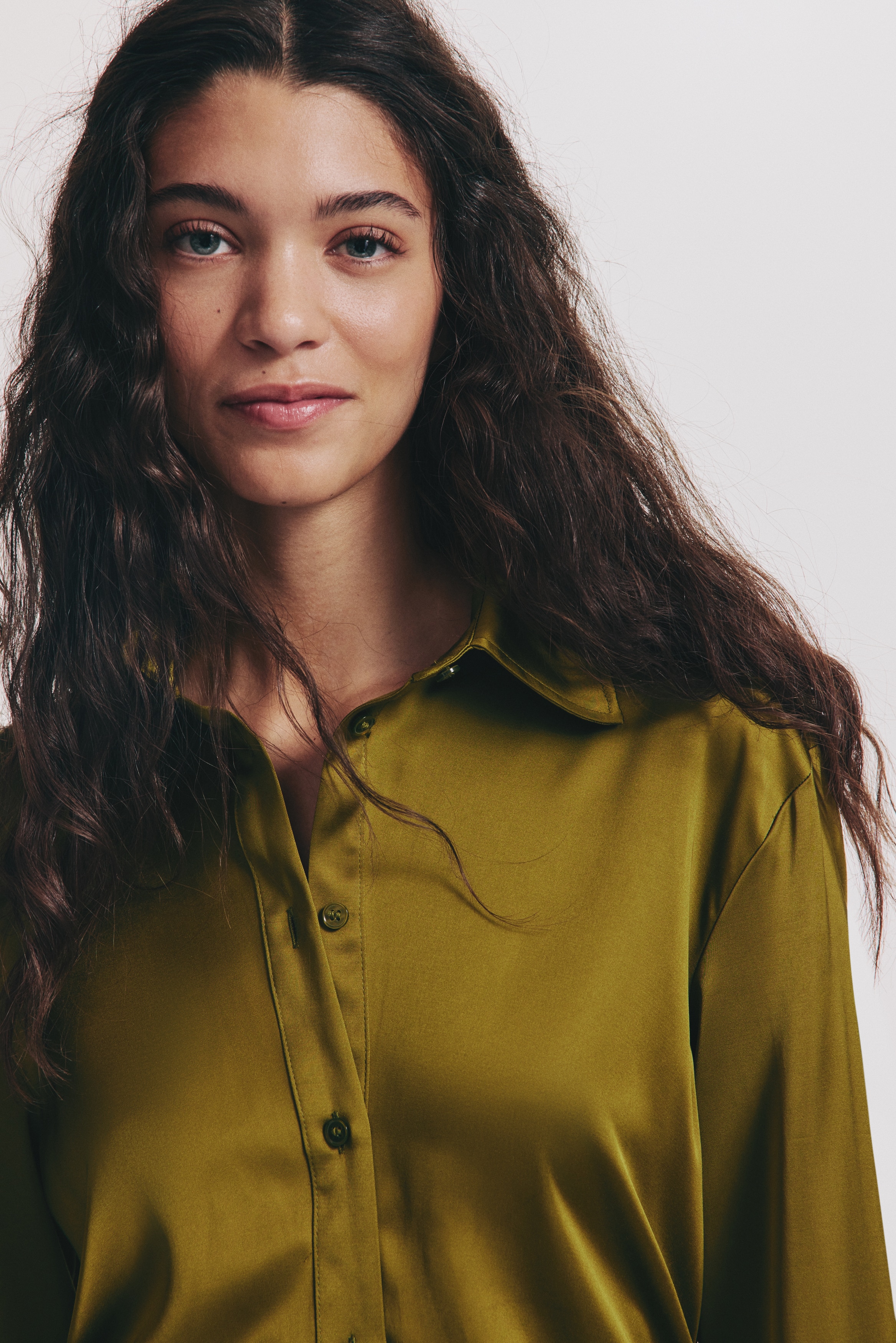 olive green satin shirt dress Hunter Green Satin Button Down Shirt Dress main image 0