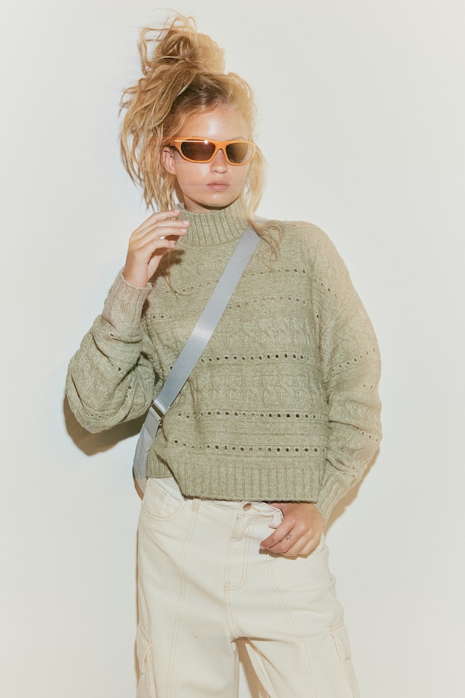 Textured-knit turtleneck jumper - Light khaki green/Cream - 1