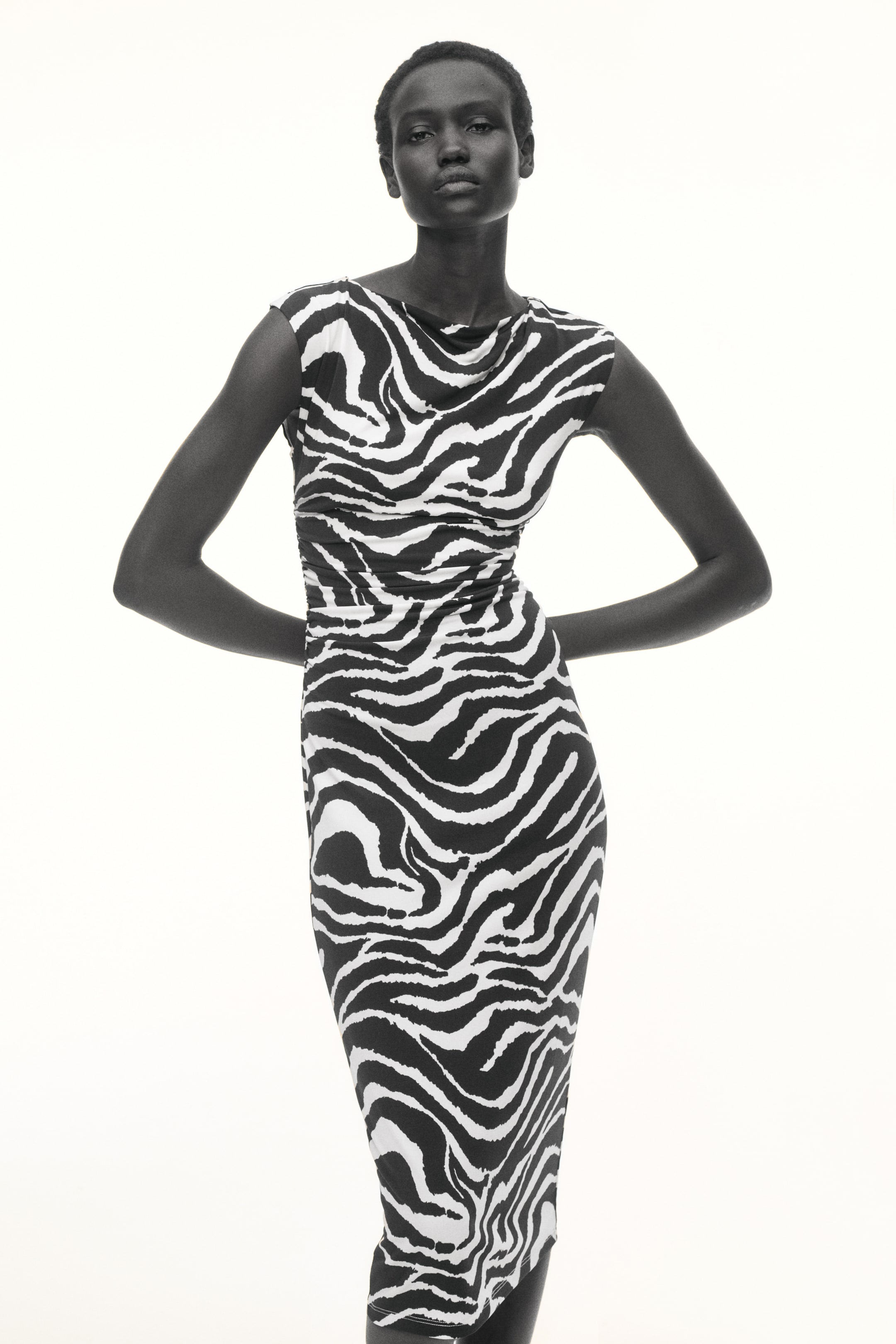 Ampliar la imagen: El vestido presenta un estampado de cebra en blanco y negro, un escote drapeado y mangas tipo capa. Exhibe una silueta ajustada al cuerpo de longitud midi.