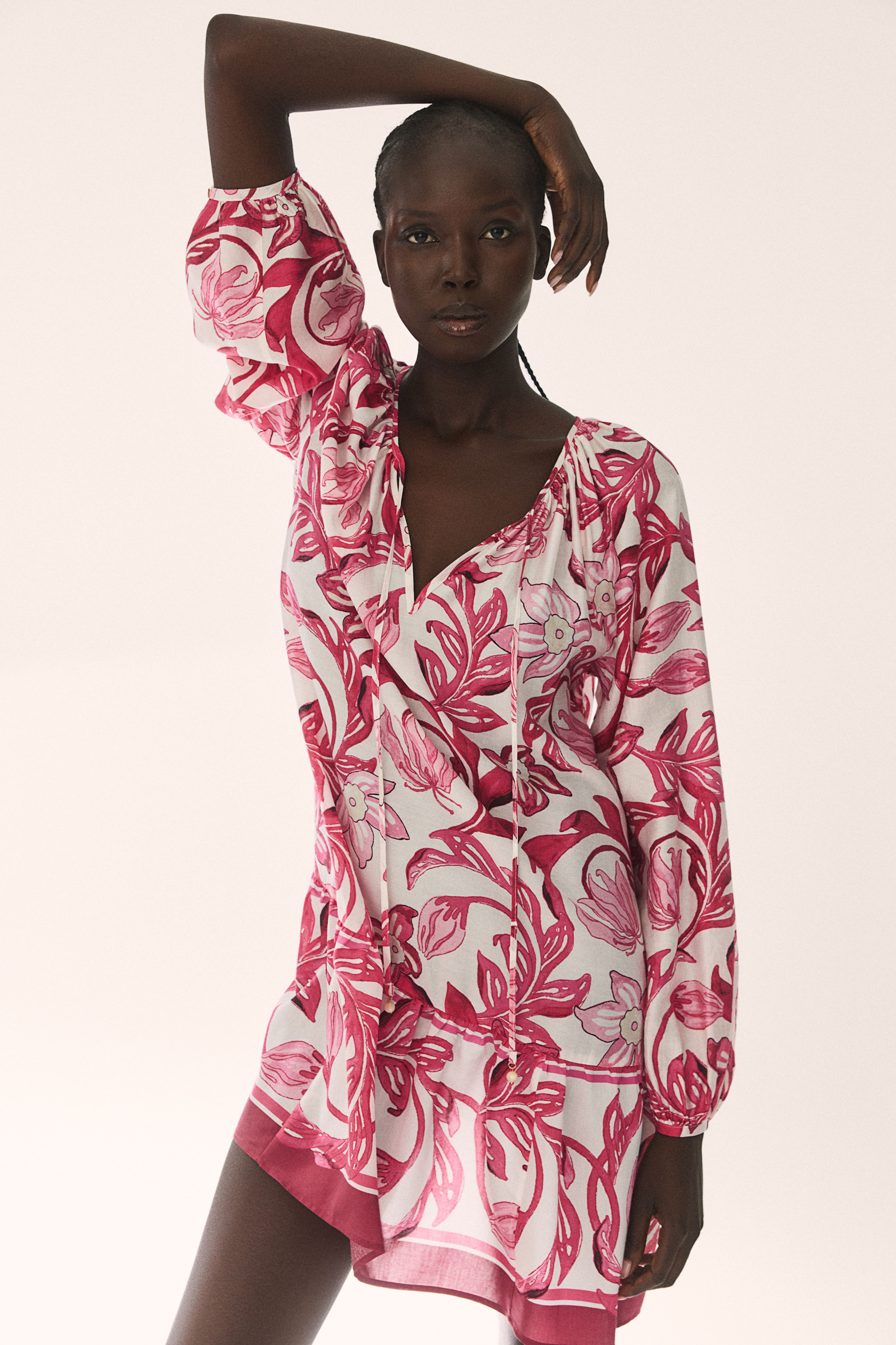 Tie-detail Dress - Round Neck - Long sleeve - White/pink floral - Ladies |  H&M US