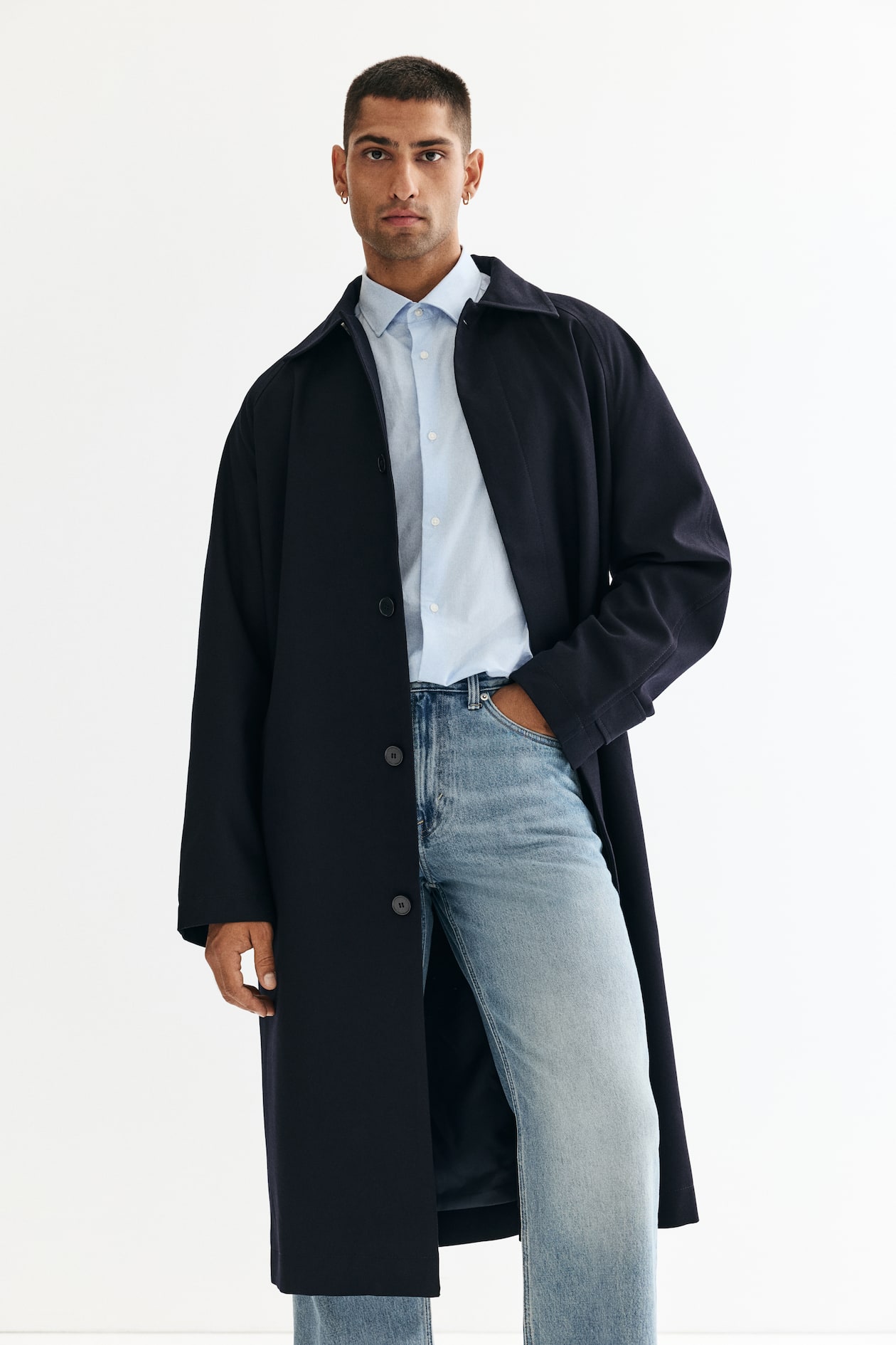 Loose Fit Belted Mac-style coat Navy blue Men H&M IN