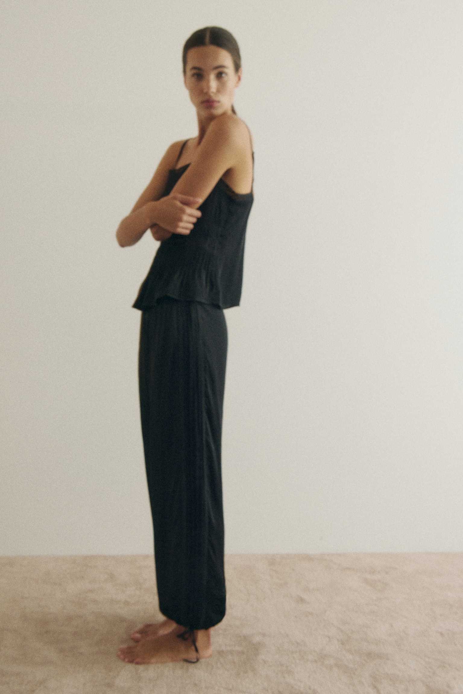 Viscose satin trousers - Black/Brown - 1