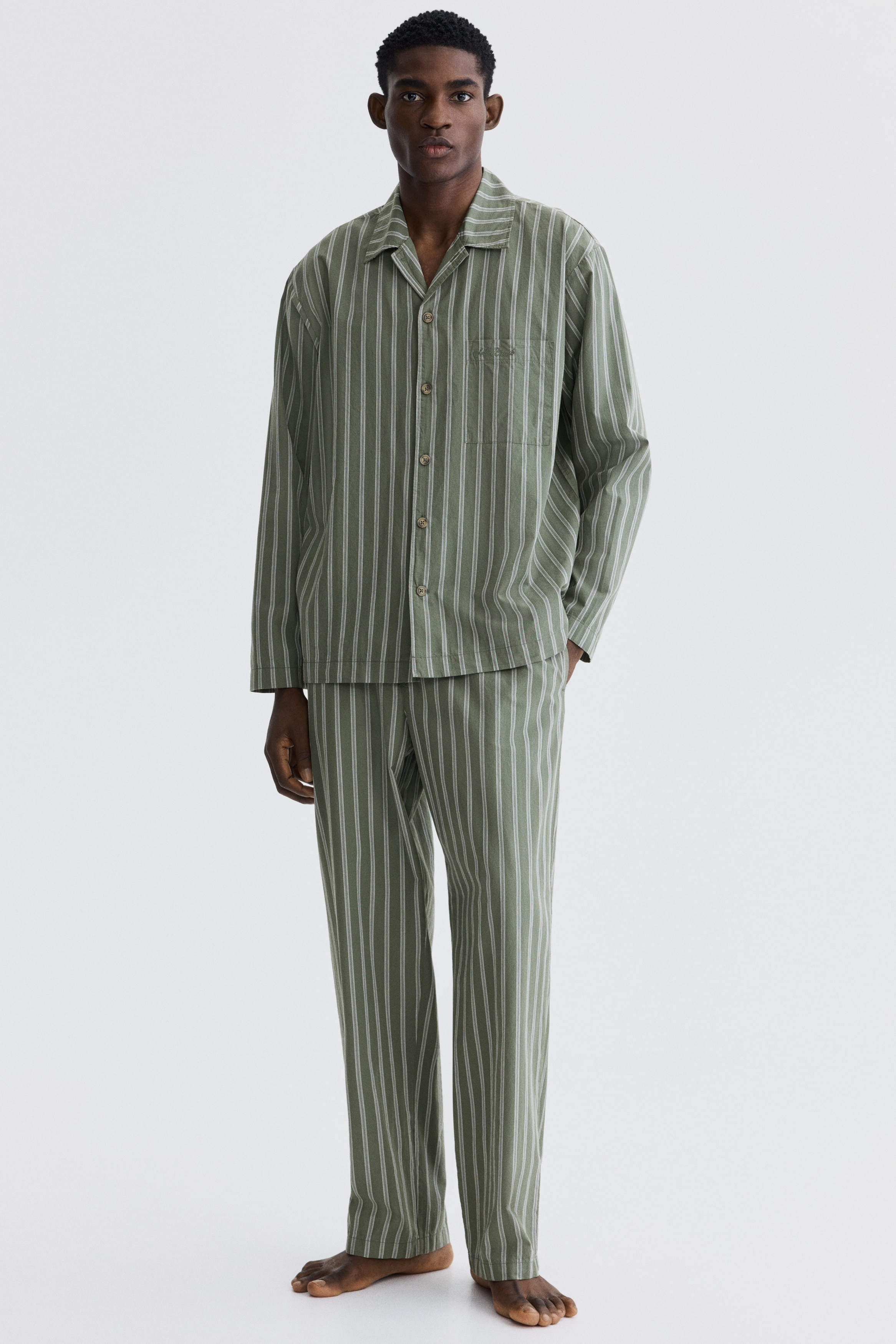 Poplin pyjama shirt and bottoms - Khaki green/Striped/Light blue/Striped/Greige/Checked