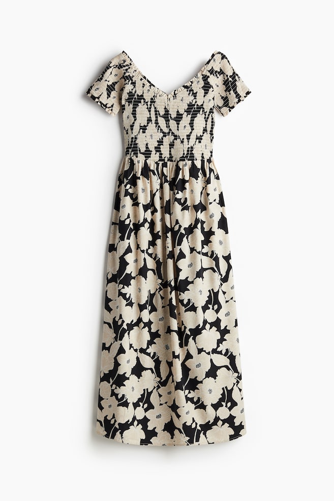 Smocked off-the-shoulder dress - Black/Beige floral - 1
