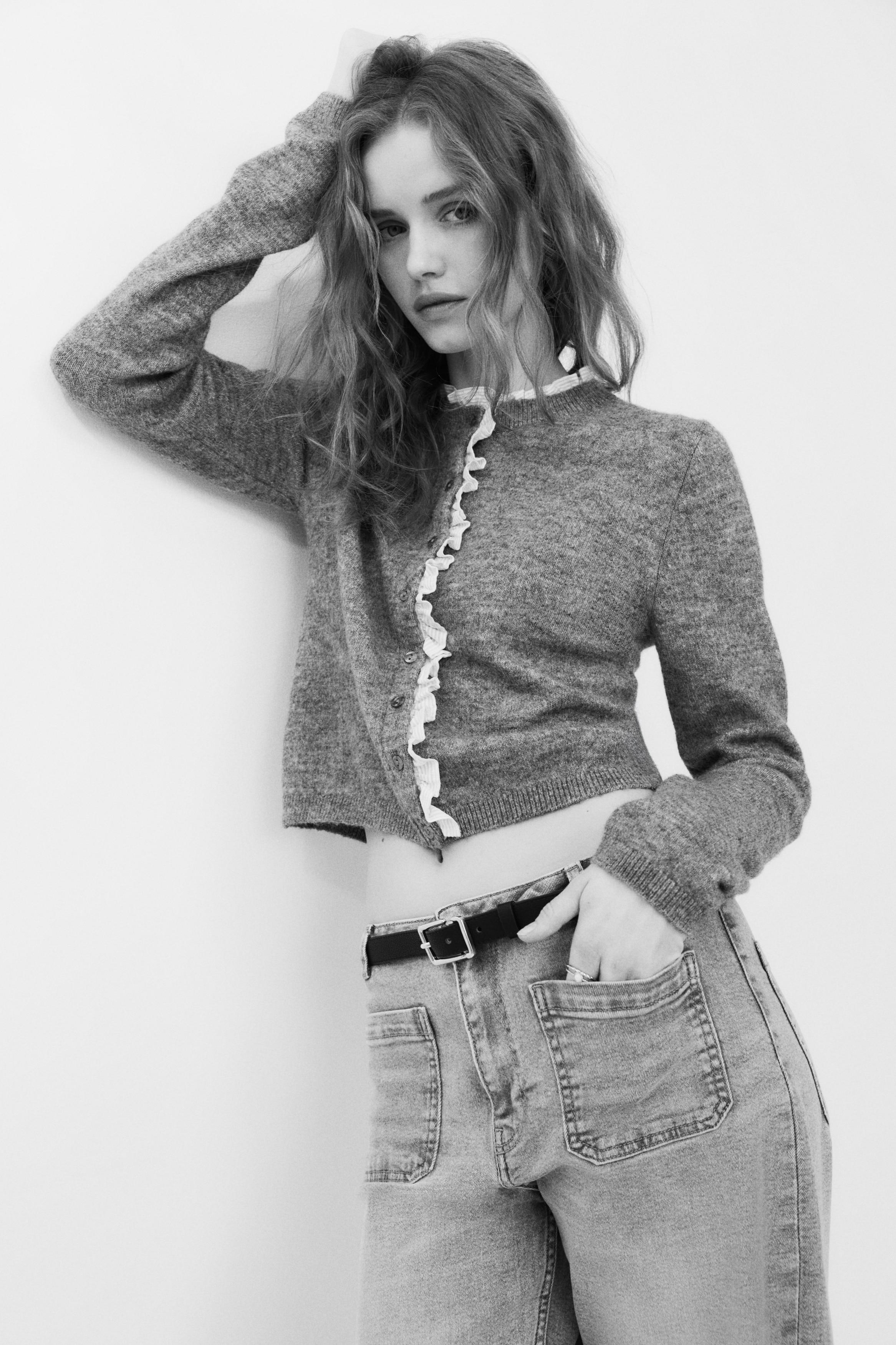 Gilet à volant en maille fine - Gris chiné