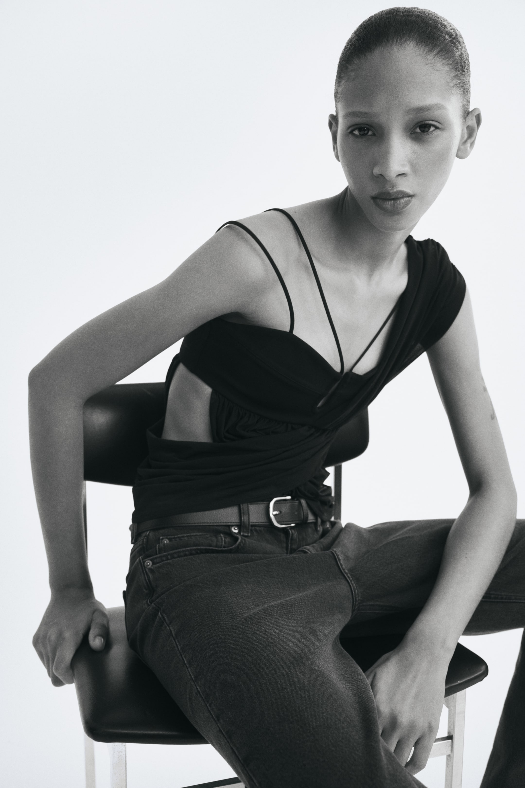 Draped Dual-Fabric Crop Top