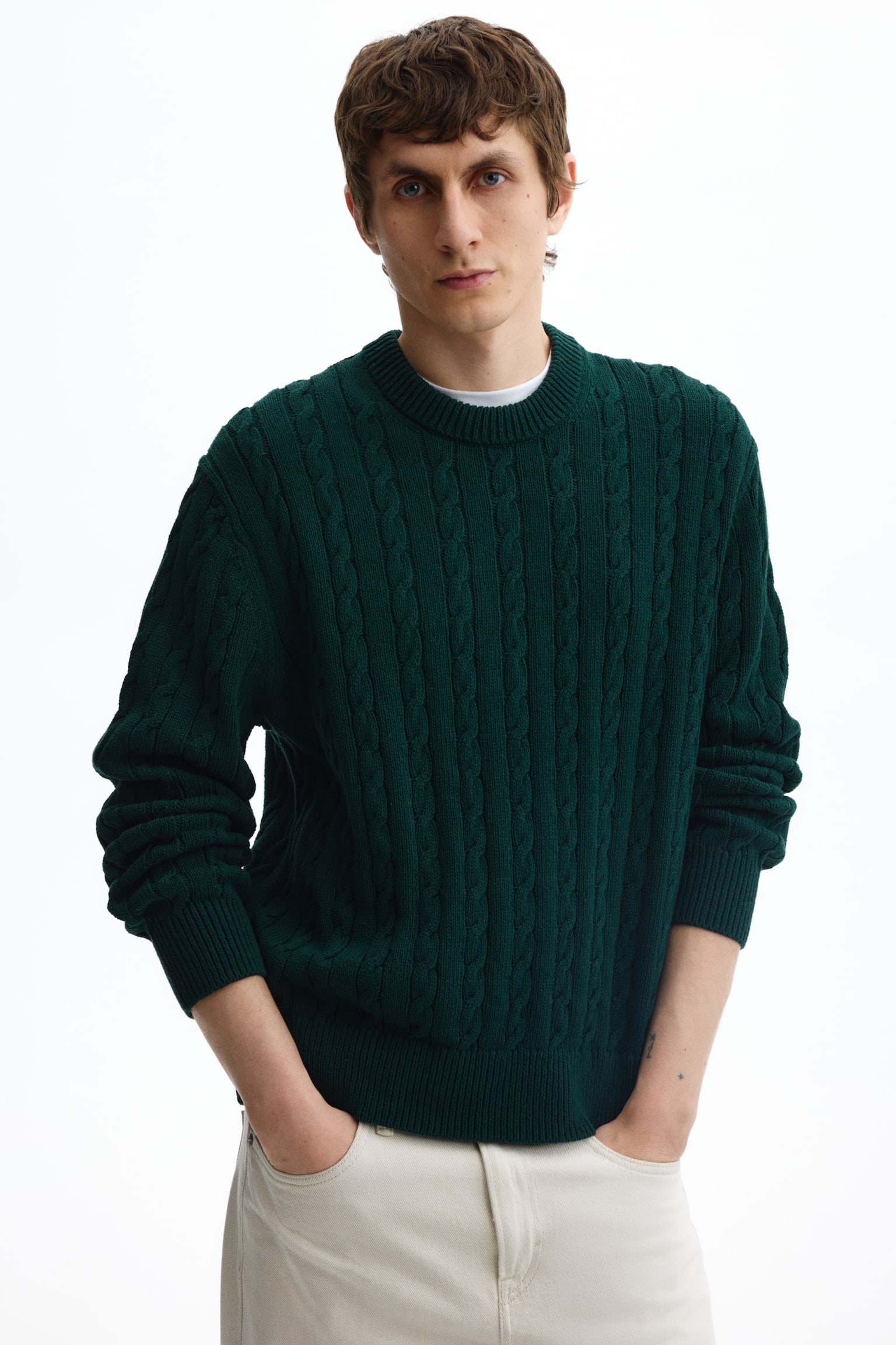 Regular Fit Cable-knit jumper - ירוק כהה/קרם - 5