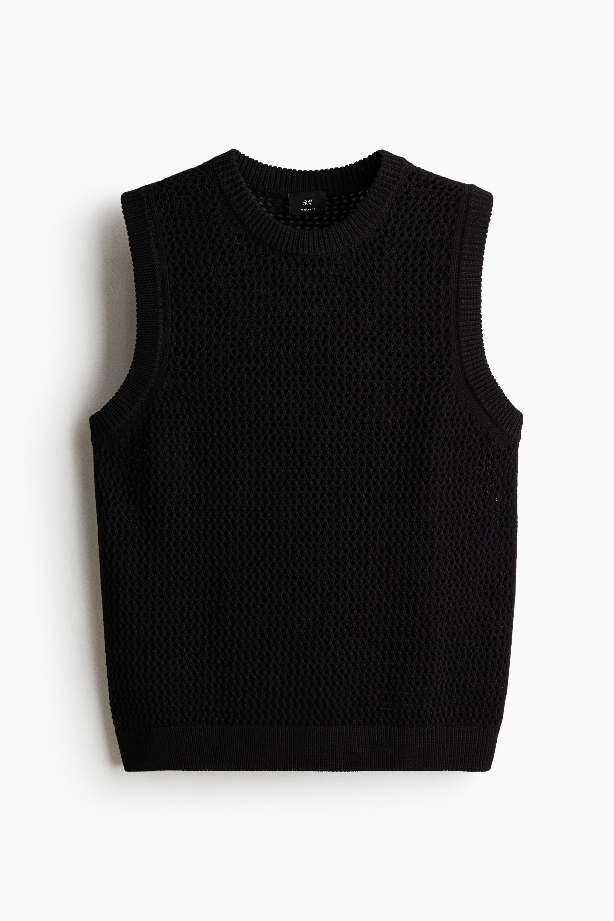 Delik Desenli Kolsuz Triko Üst Regular Fit - Siyah/Krem