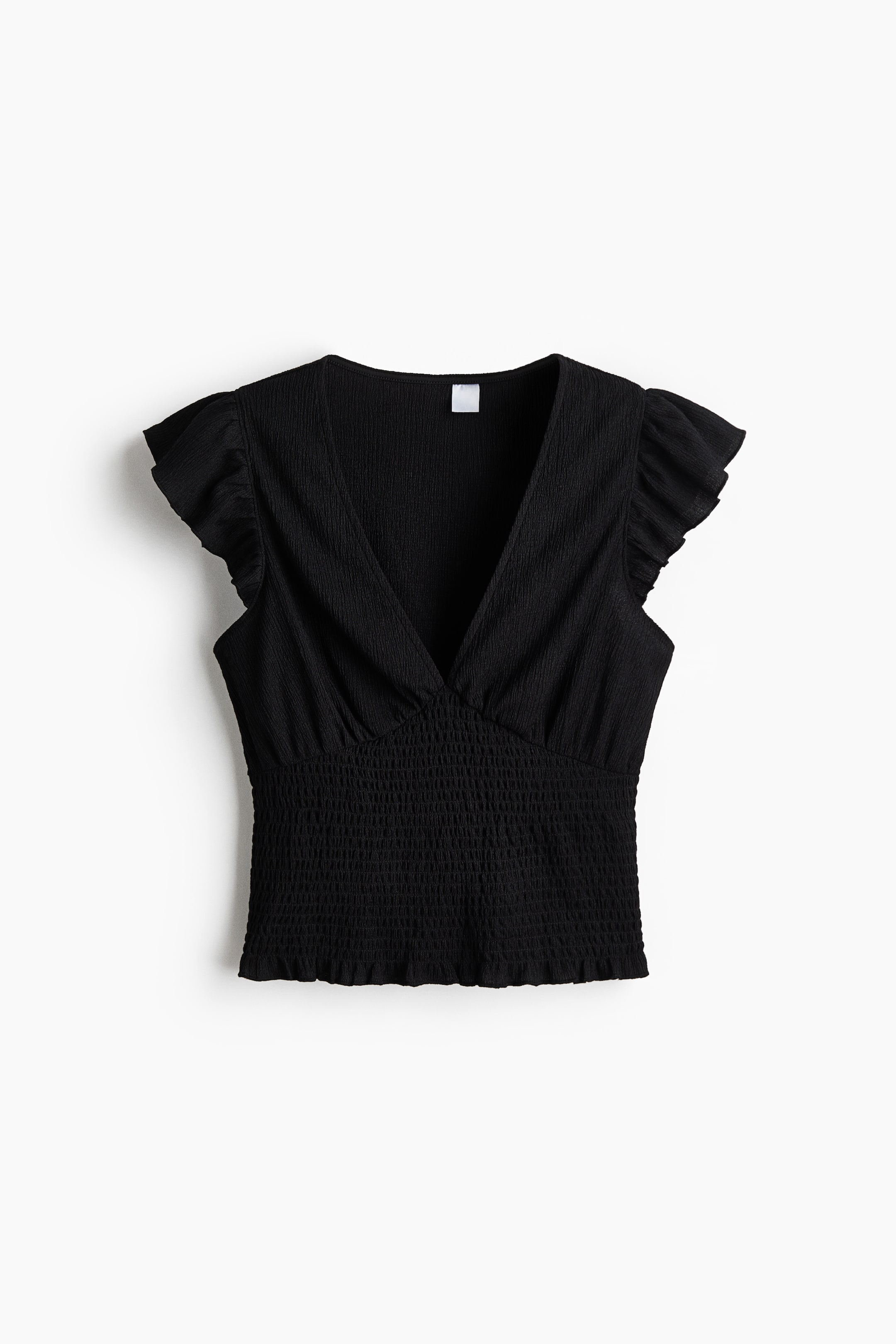 View larger image: A fitted top is showcasing FRONT, crafted from textured jersey. It comes with a V-neckline, short flutter sleeves, a gathered seam under the bust, a smocked lower section, and a frill trim completing the hem.