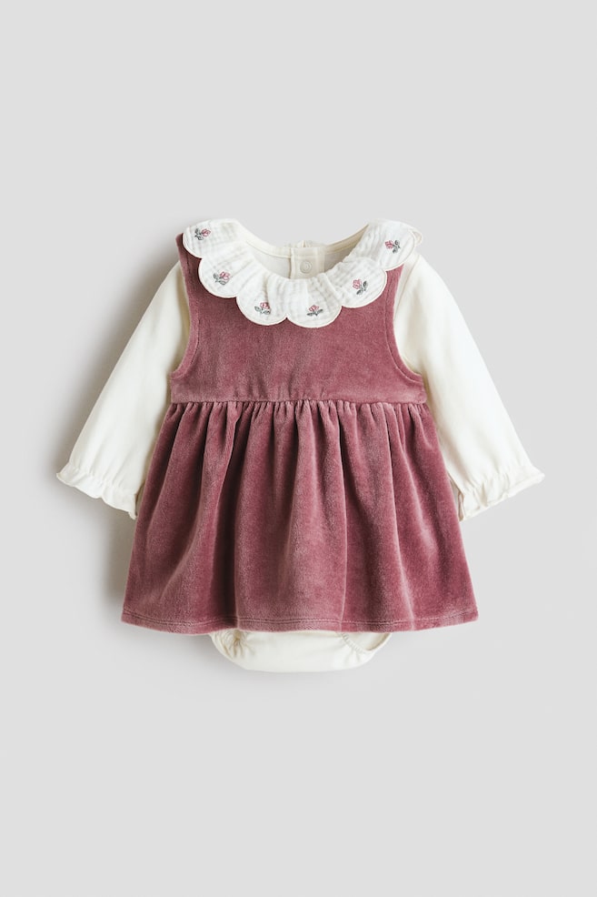 Tweedelige katoenen set - Jurk en romper - Dusty roze - 1