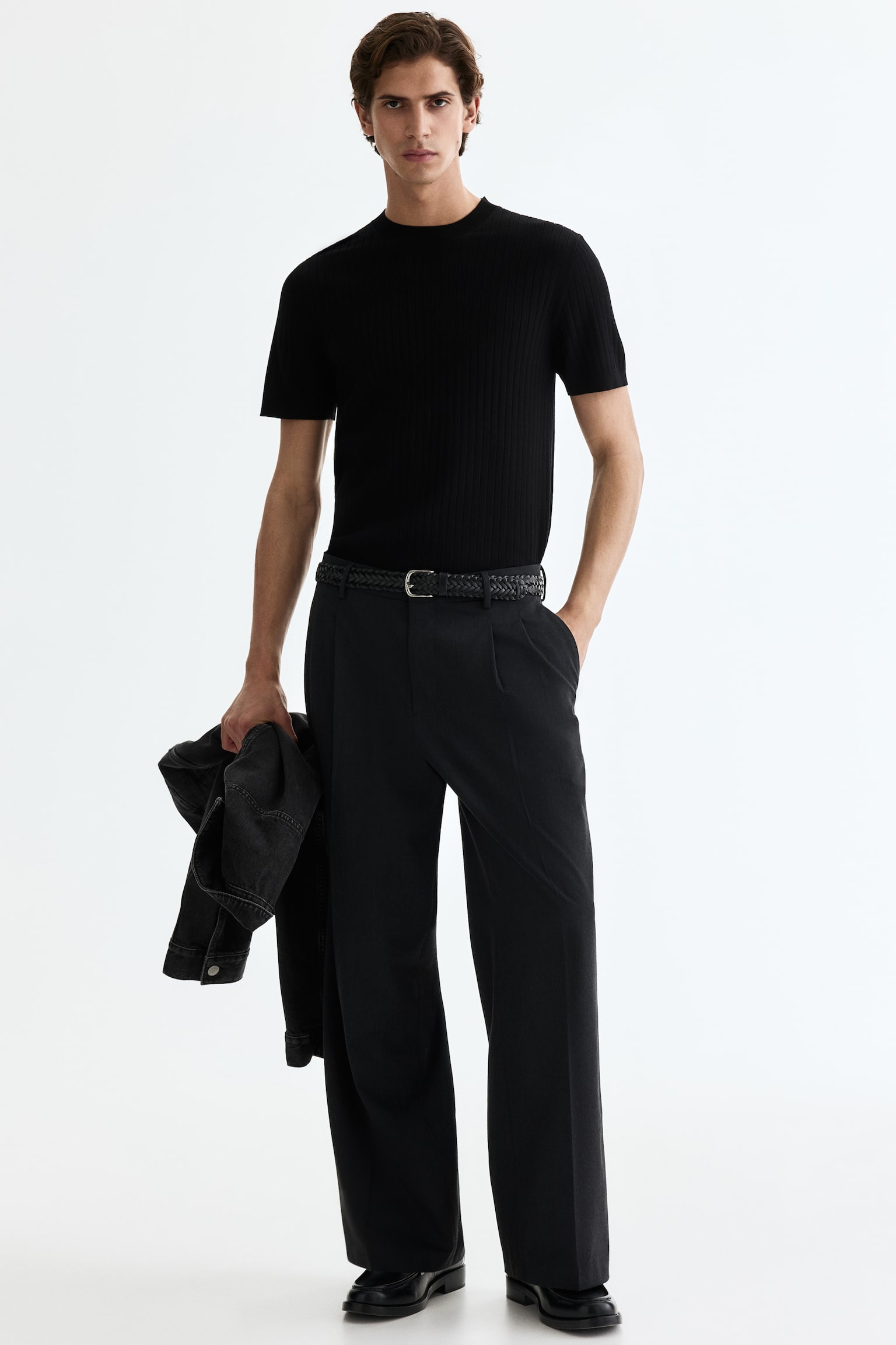 Slim-Fit Knit T-Shirt - Black/Cream - 2