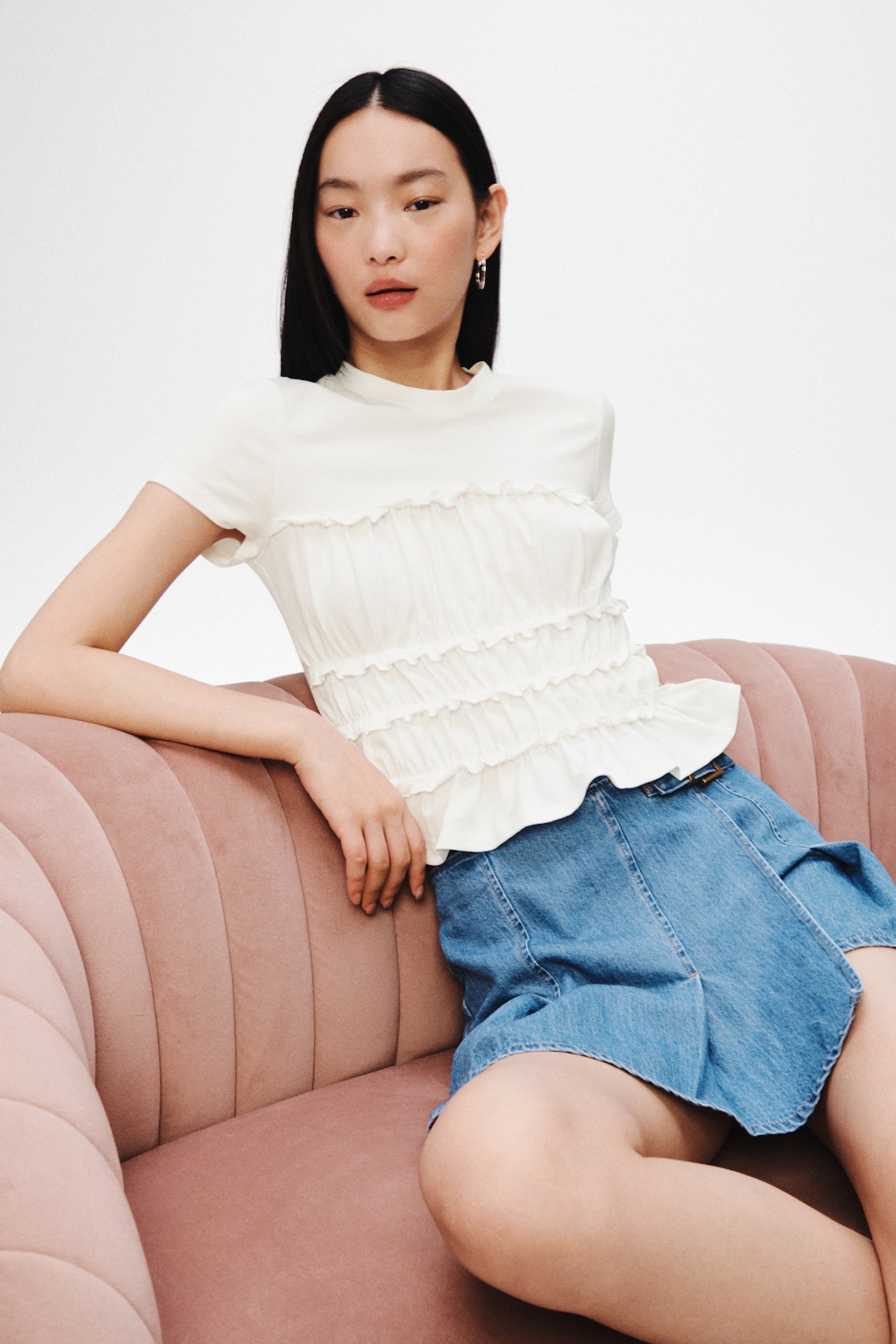 Frill-trimmed cotton top - White/Light blue/Red - 1