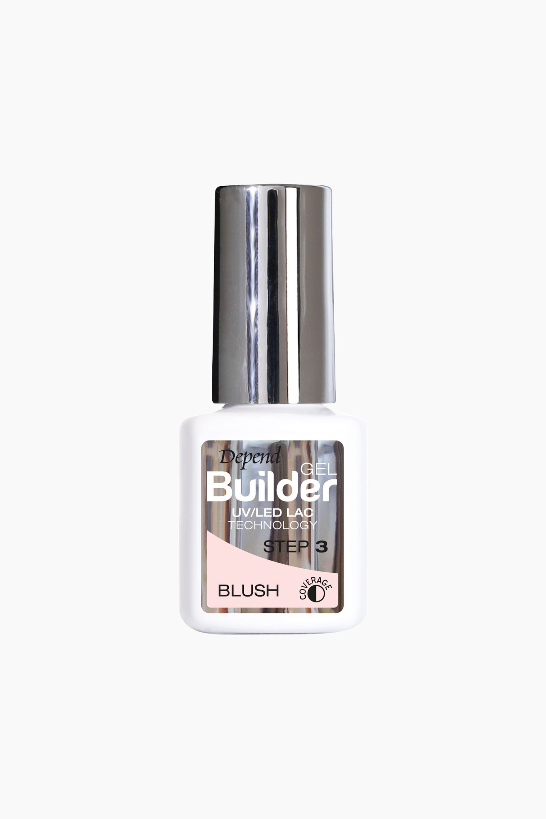 Se større billede: En hvid, firkantet Depend Gel Builder-flaske vender fremad og har en skinnende sølvfarvet hætte. Dens etiket viser "UV/LED Lac Technology", "Step 3" og "Blush" samt en lyserød farveprøve og et halvt udfyldt cirkelikon, der indikerer dækning.