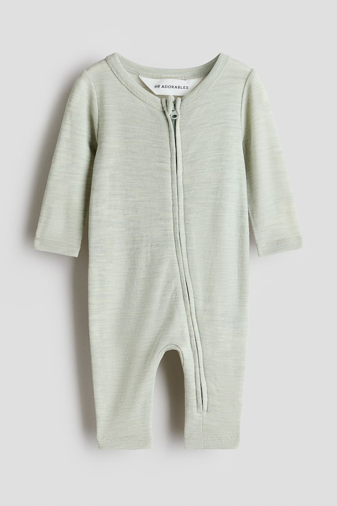Merino wool jersey romper suit - Light dusty green/Light blue/Dark beige - 1