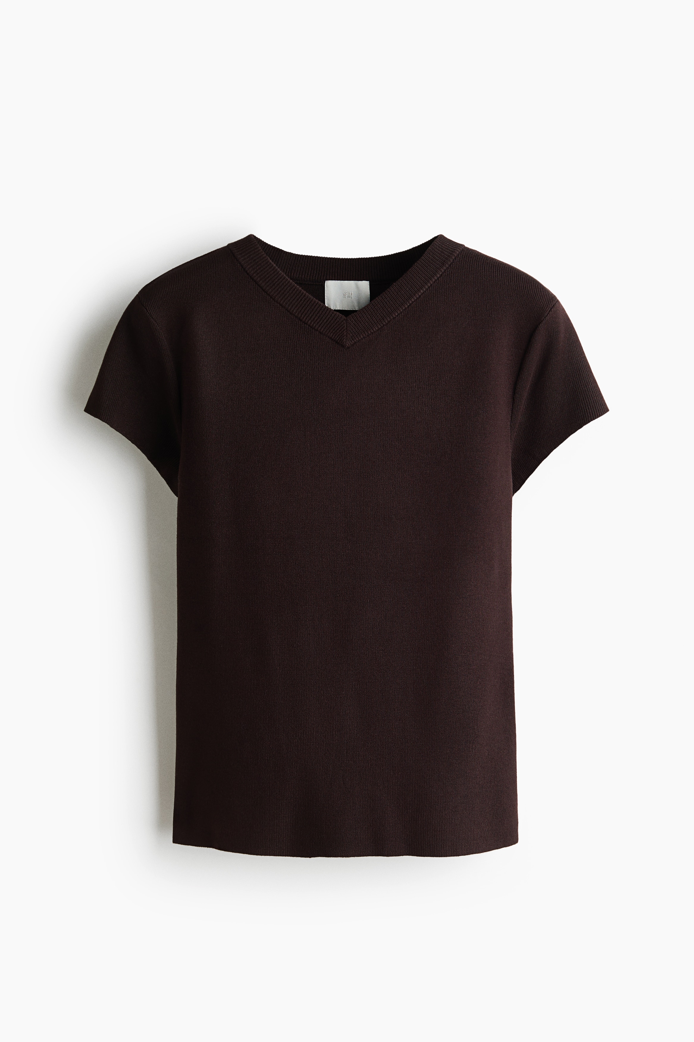A dark brown fitted knit tee featuring short sleeves and a rib-trimmed V-neck is being worn by the model. The tee is styled with wide-leg, beige cargo pants.