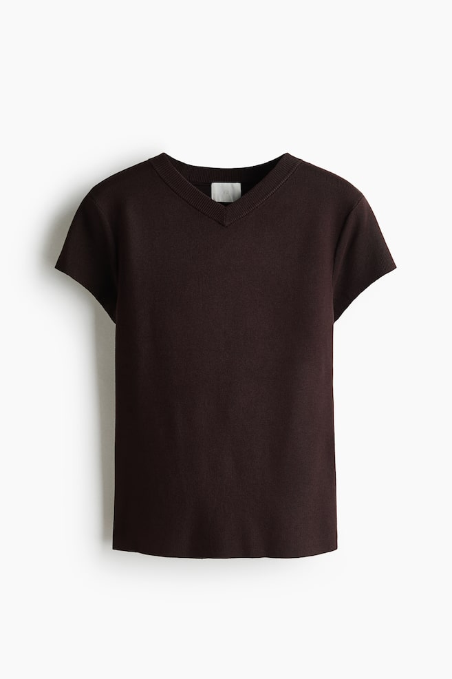 Knit V-Neck T-Shirt - Dark brown/Light beige/Light blue - 1