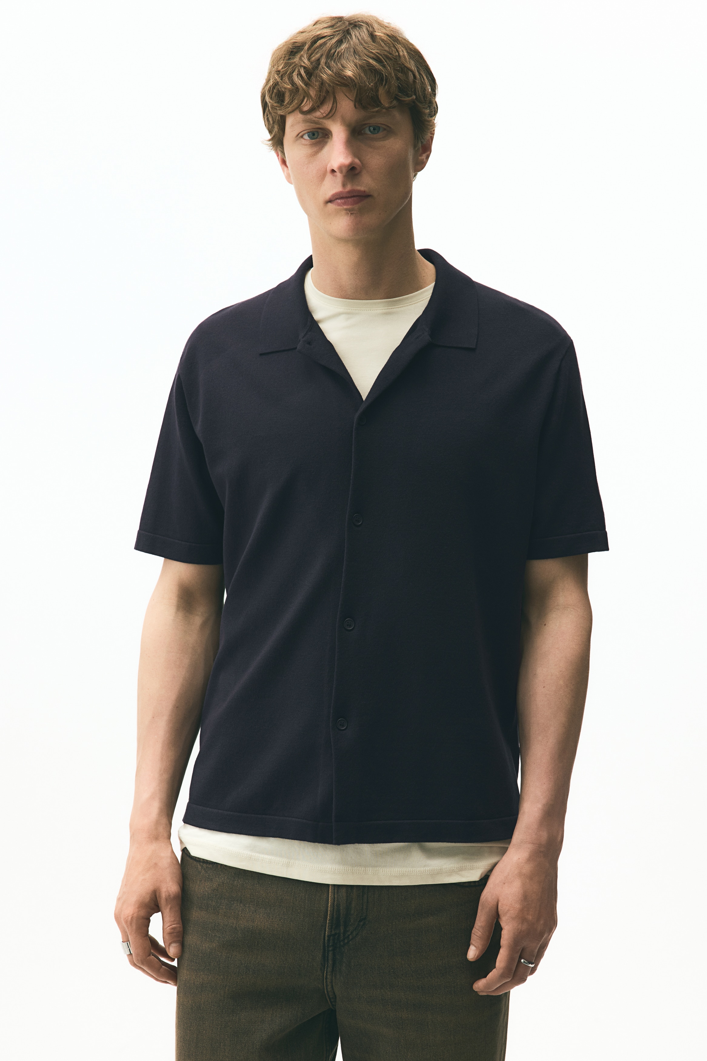 Regular Fit Knitted short-sleeved shirt - Navy blue