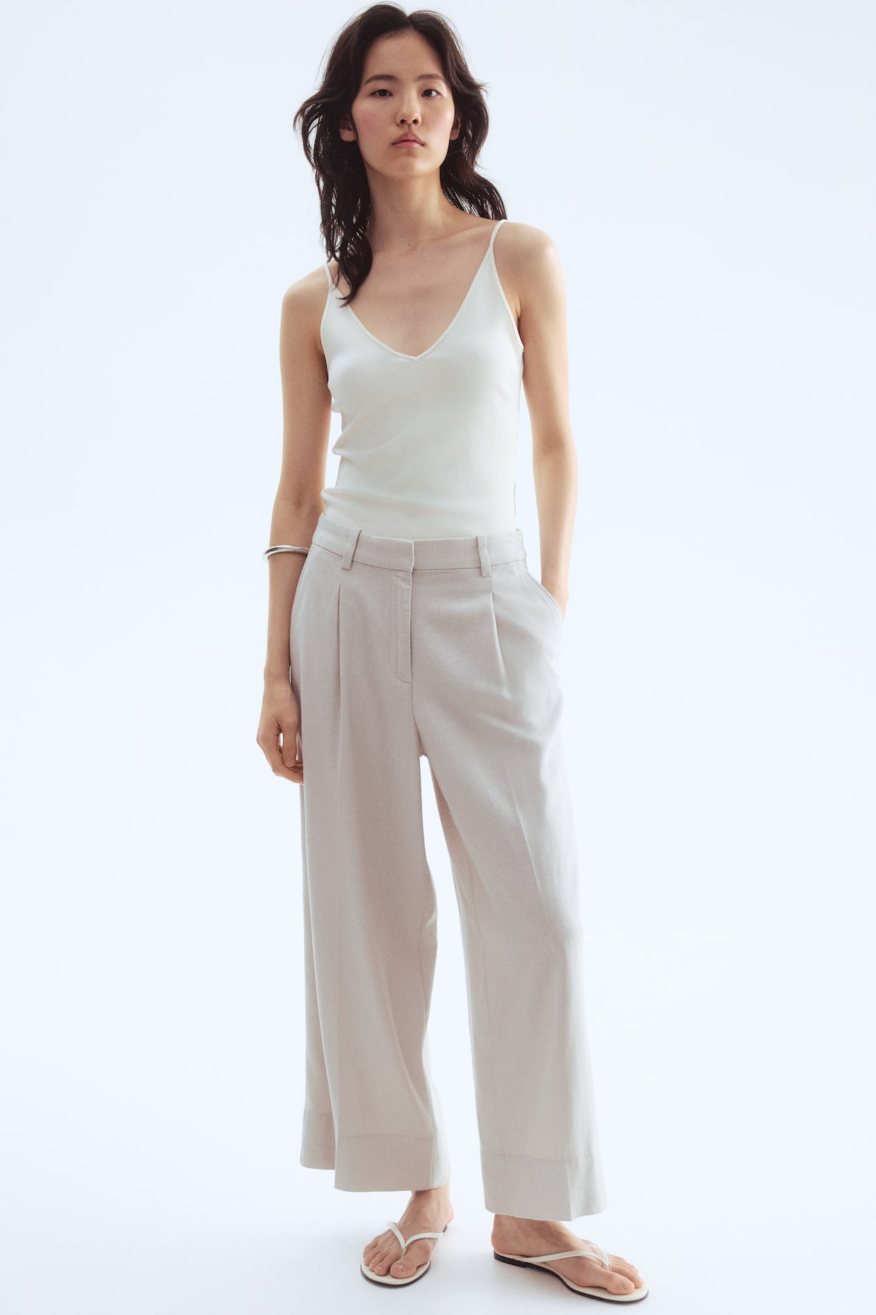 Wide linen-blend trousers - Light beige - Ladies | H&M GB