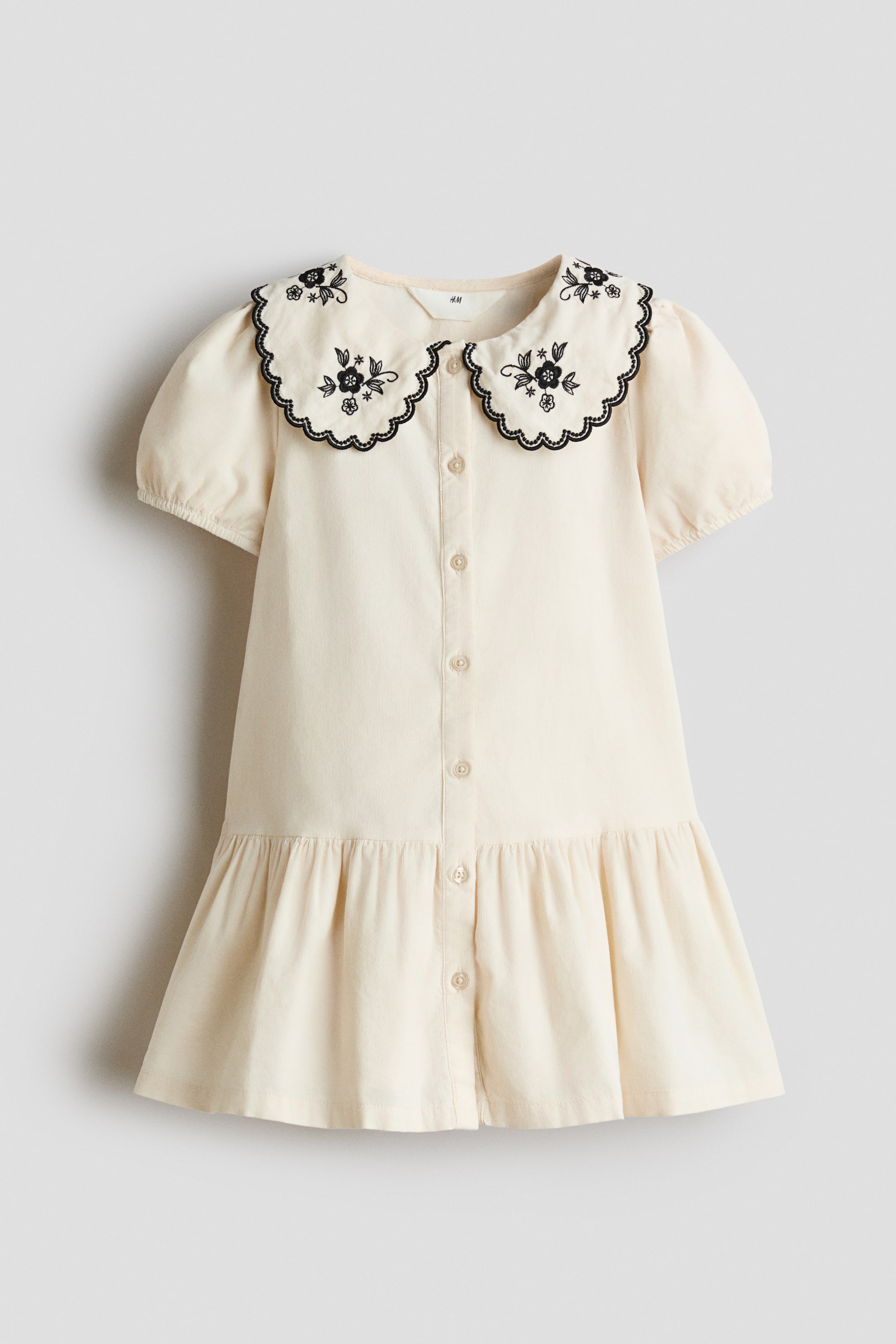 View larger image: Embroidery-detail corduroy dress - Light beige/Flowers - Kids | H&M 1